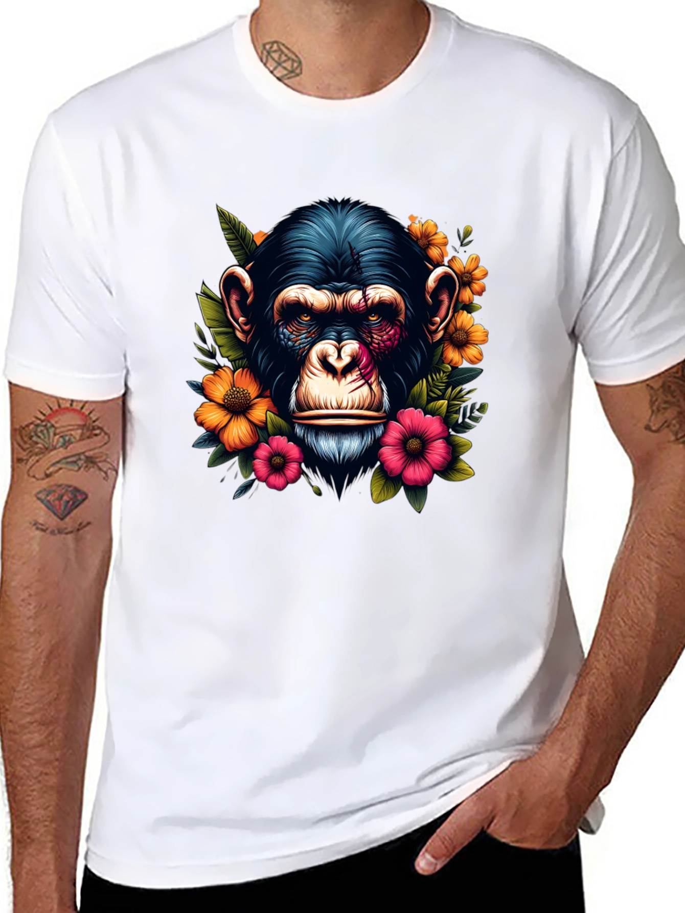 Chimpanzee Floral Print Black T-Shirt