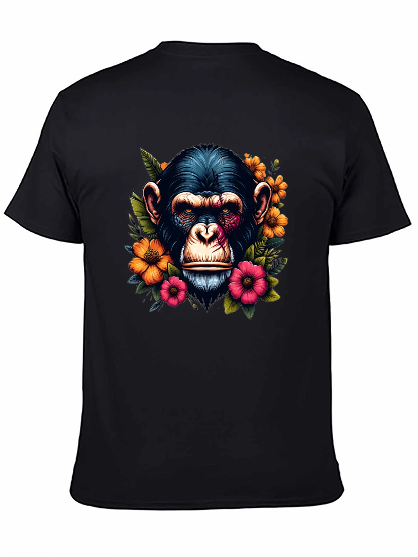 Chimpanzee Floral Print Black T-Shirt