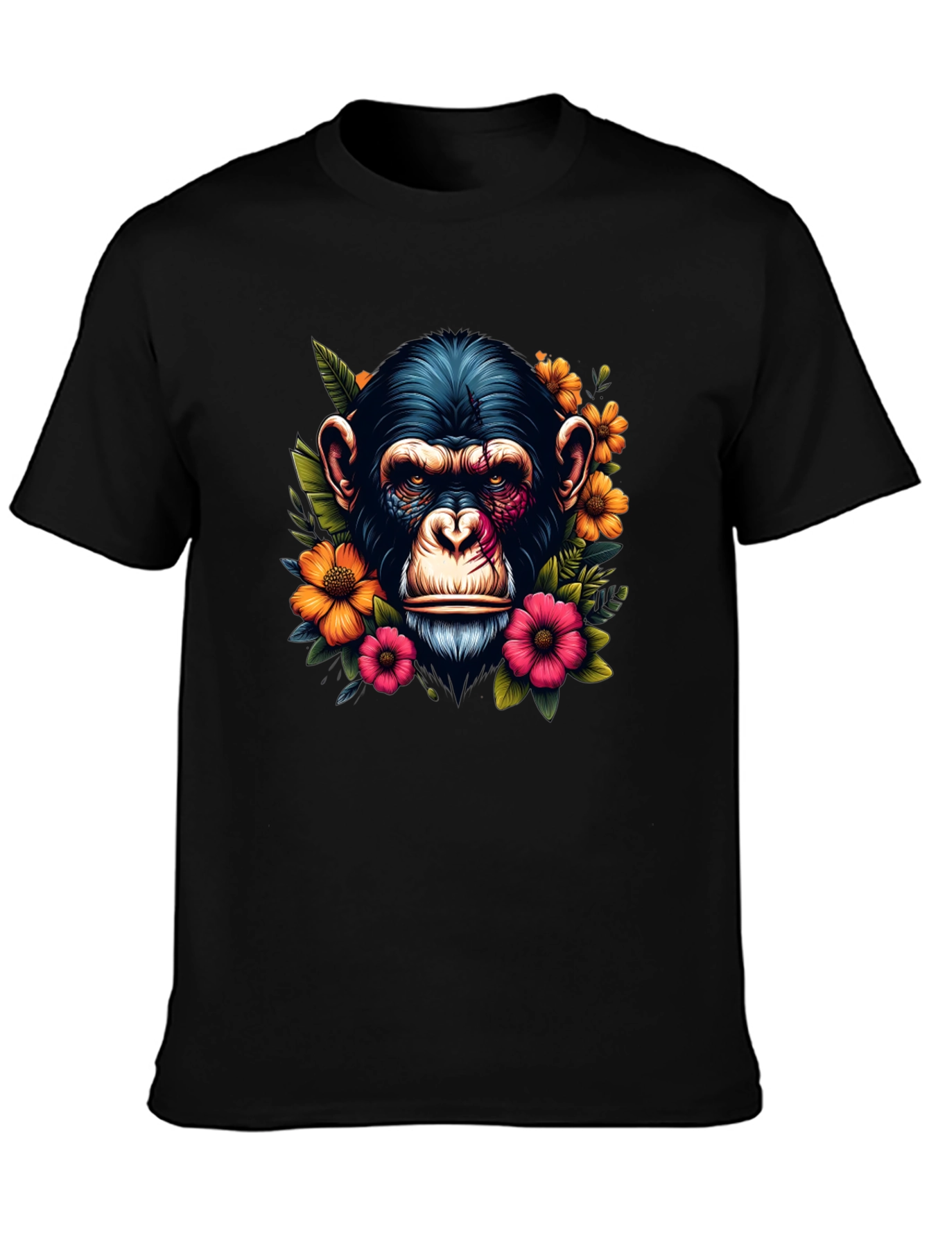 Chimpanzee Floral Print Black T-Shirt