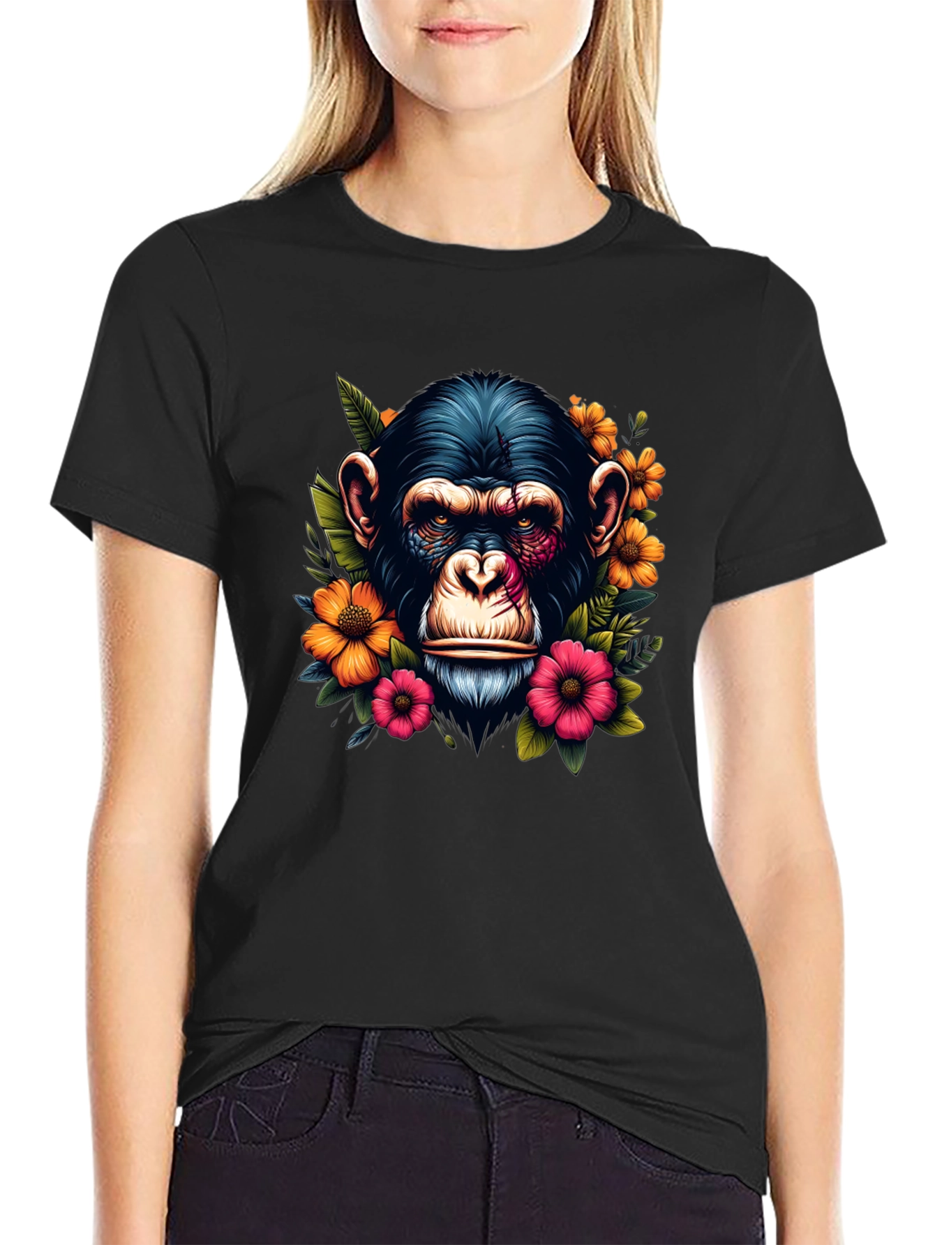 Chimpanzee Floral Print Black T-Shirt
