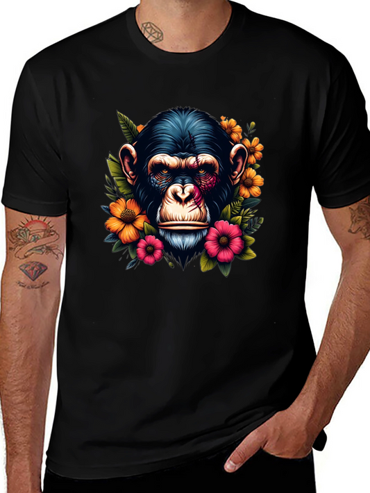 Chimpanzee Floral Print Black T-Shirt