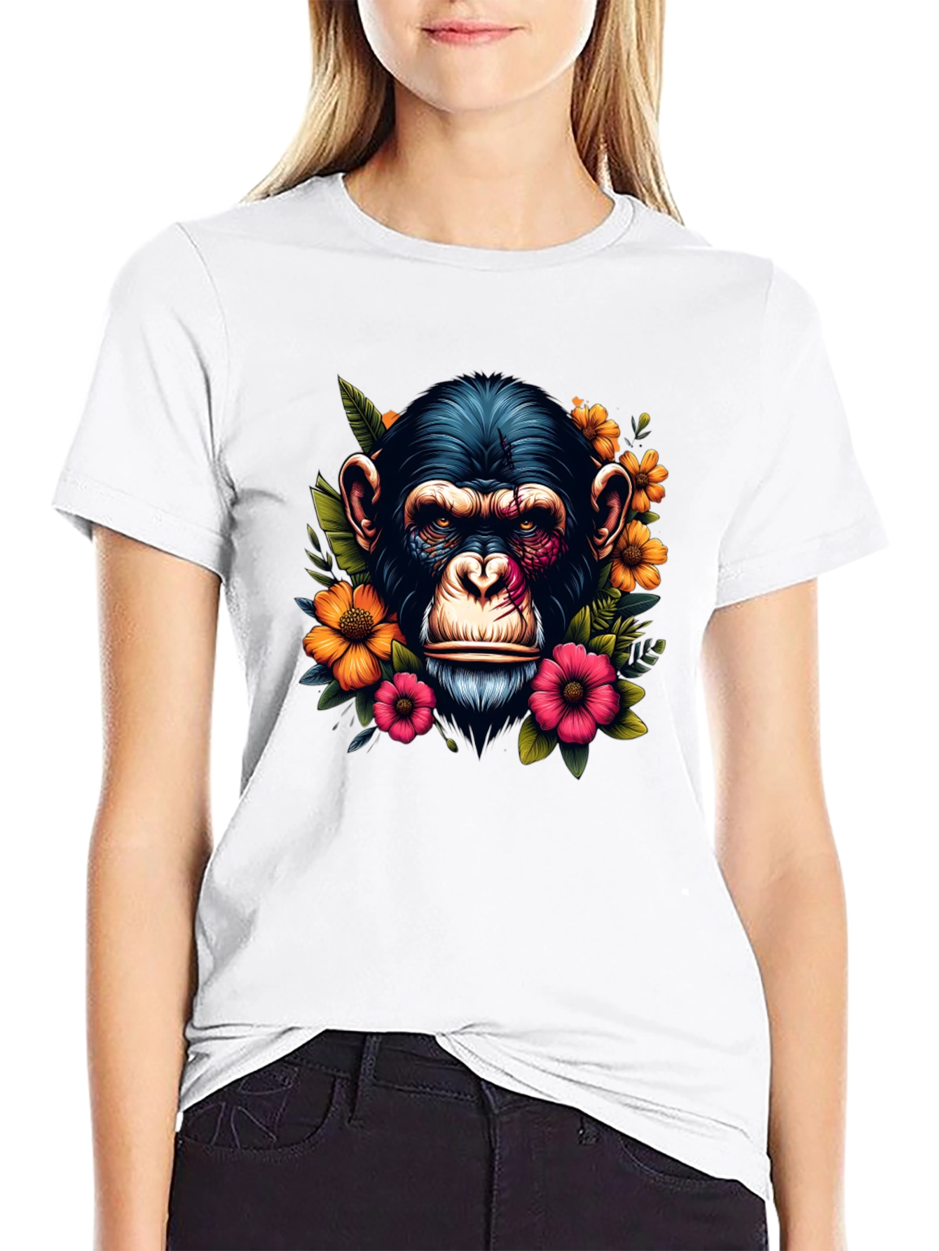 Chimpanzee Floral Print Black T-Shirt