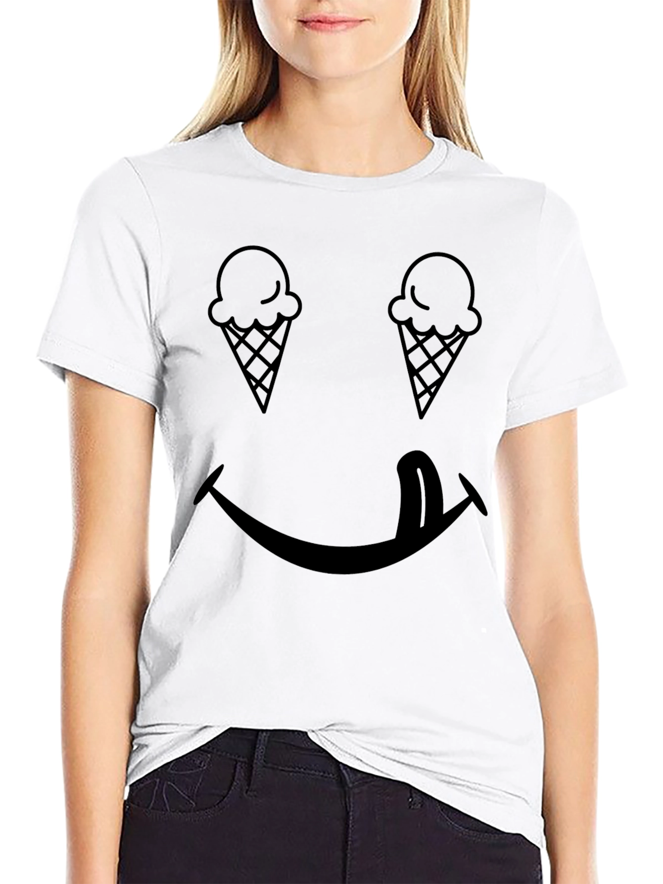 Funny Ice Cream Smiley Face Black T-Shirt