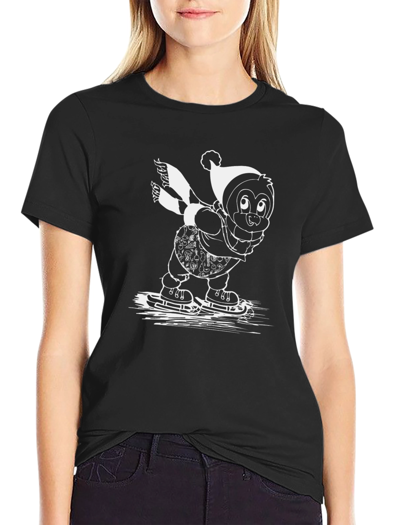 Penguin Ice Skating T-Shirt - Black Cotton Tee