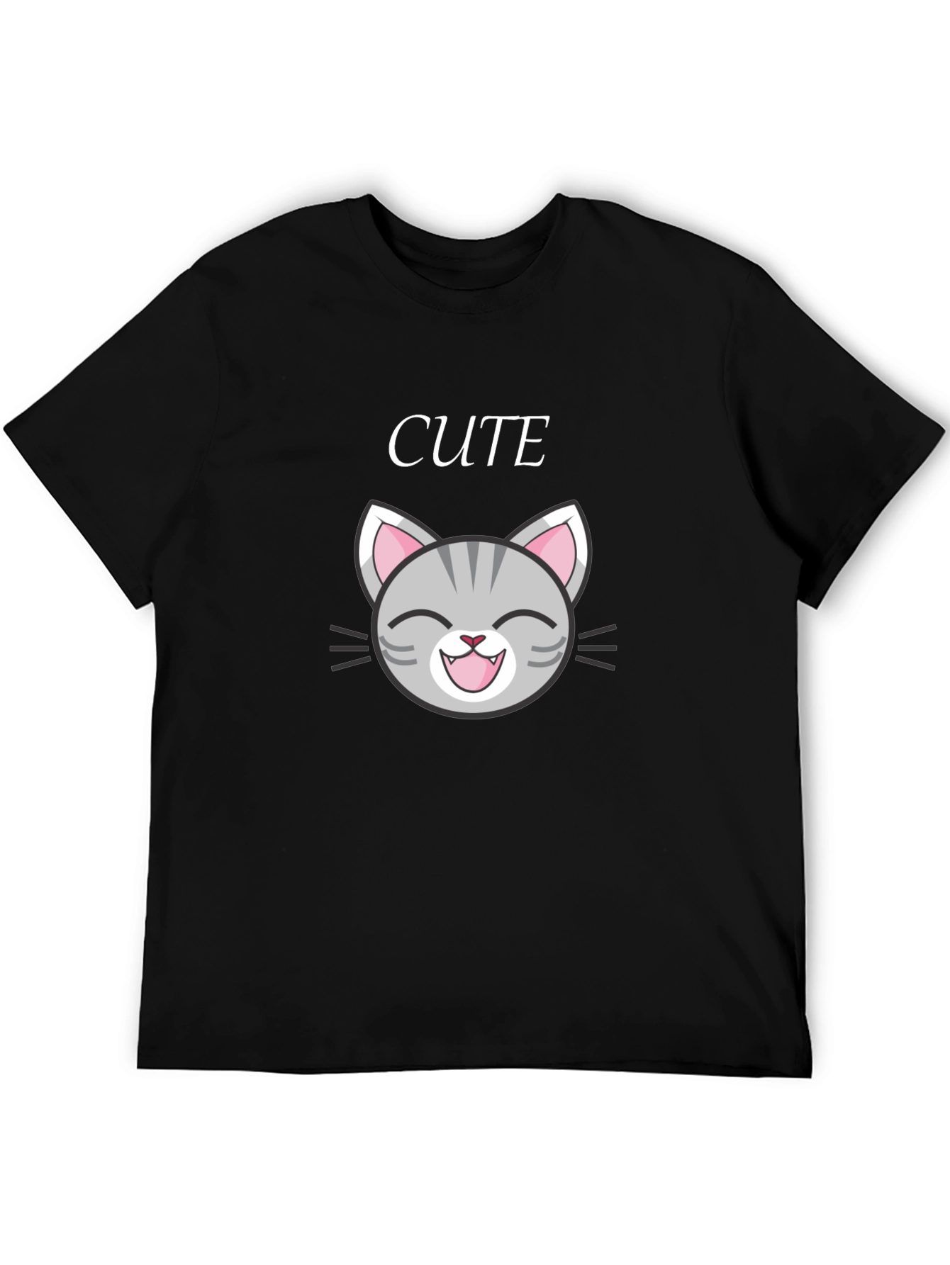 Cute Cat Graphic Tee - Black Cotton T-Shirt
