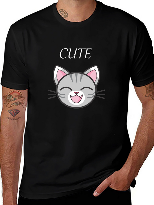 Cute Cat Graphic Tee - Black Cotton T-Shirt
