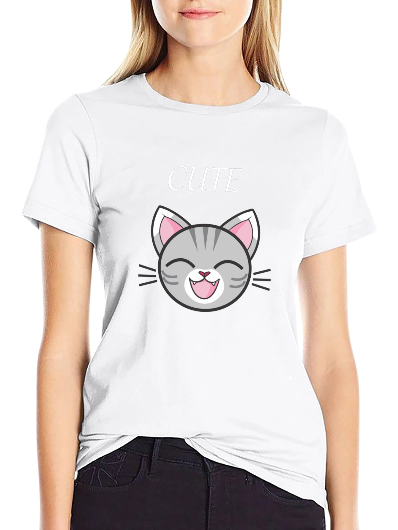 Cute Cat Graphic Tee - Black Cotton T-Shirt