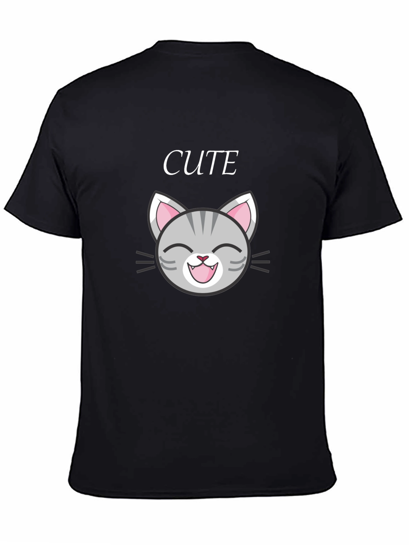 Cute Cat Graphic Tee - Black Cotton T-Shirt