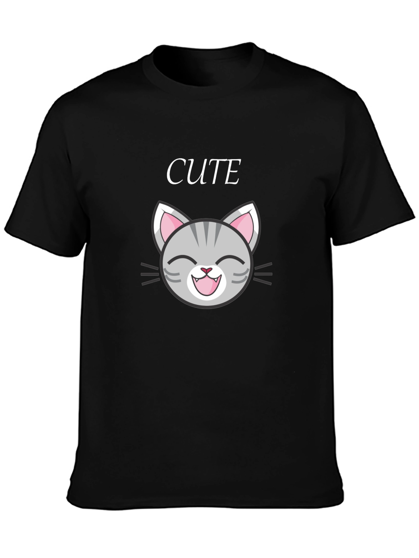 Cute Cat Graphic Tee - Black Cotton T-Shirt