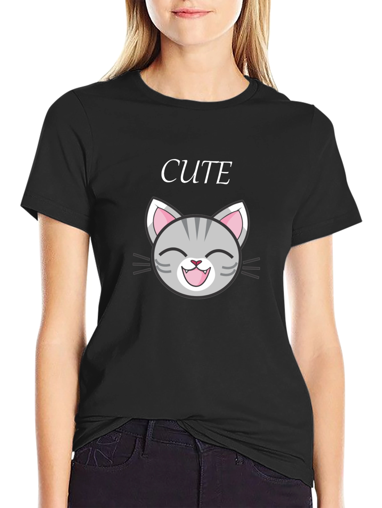 Cute Cat Graphic Tee - Black Cotton T-Shirt