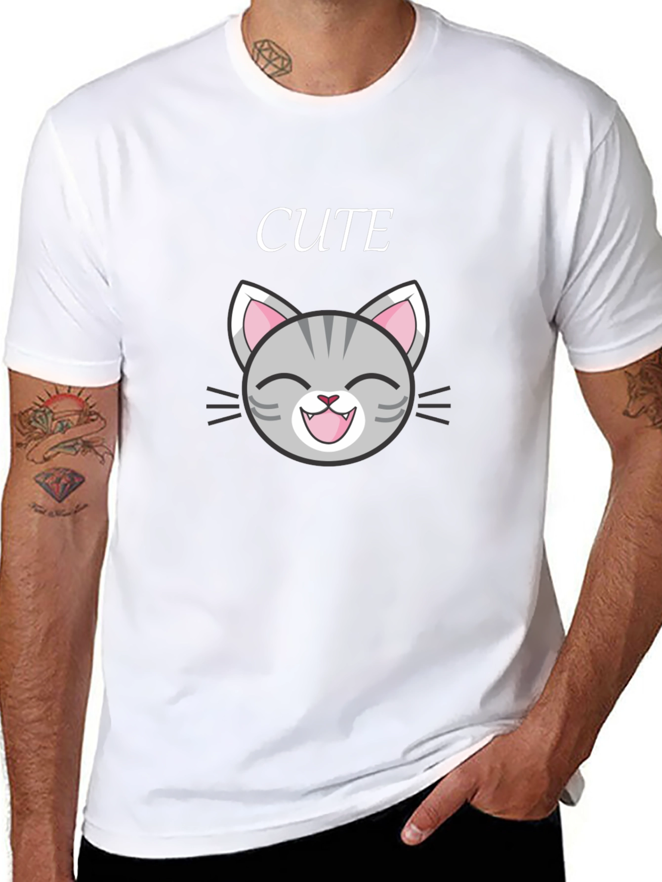 Cute Cat Graphic Tee - Black Cotton T-Shirt