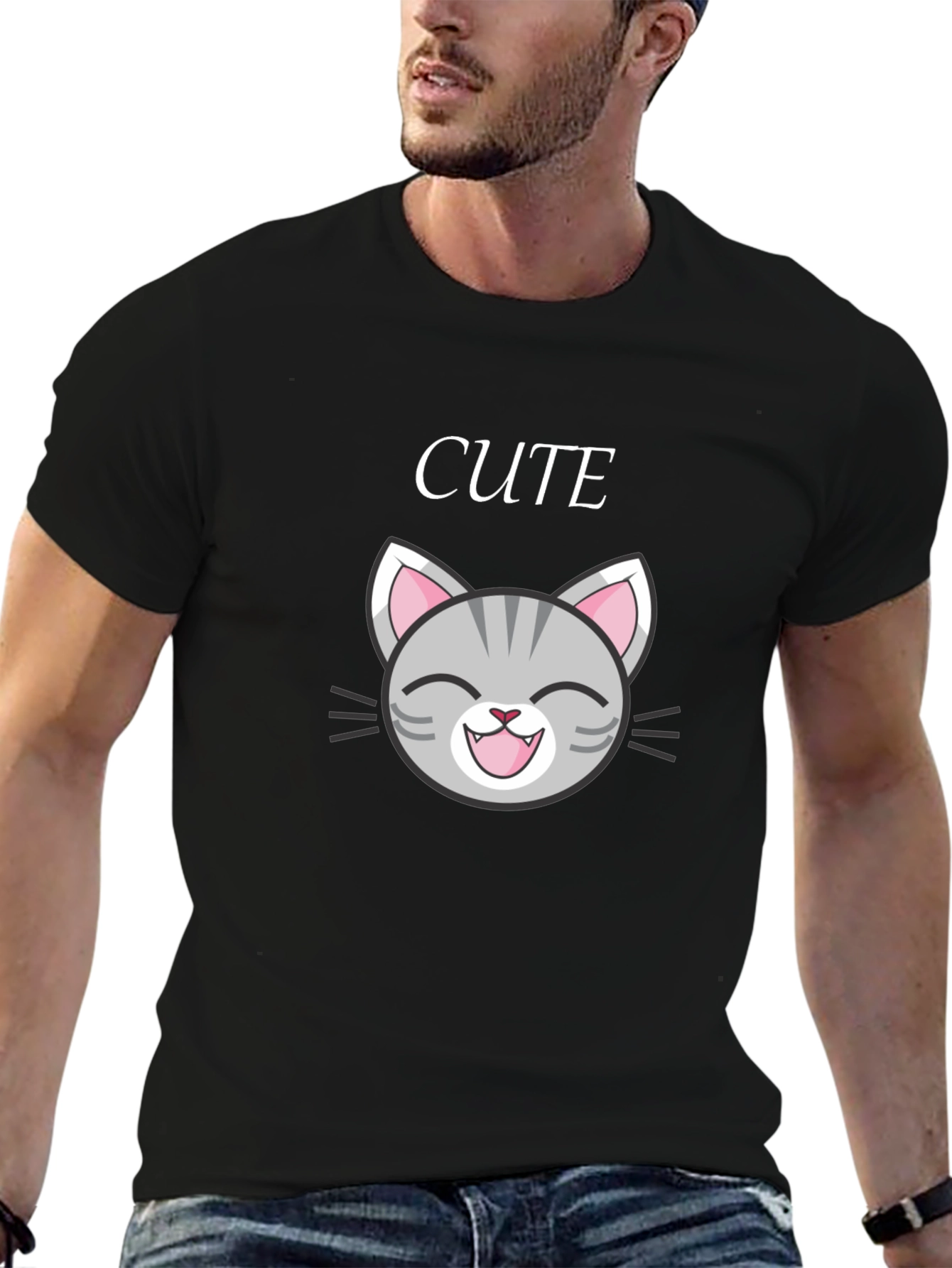 Cute Cat Graphic Tee - Black Cotton T-Shirt