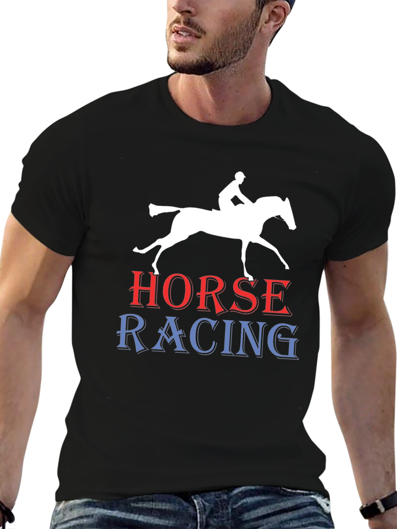 Horse Racing Graphic Tee - Black Cotton T-Shirt