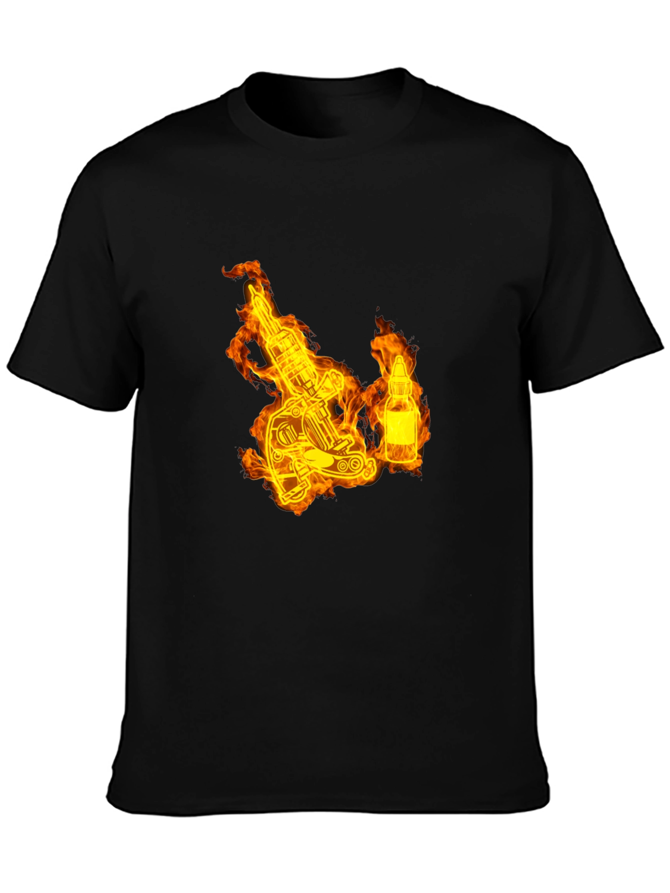 Flaming Tattoo Machine Graphic Tee - Black Cotton T-Shirt
