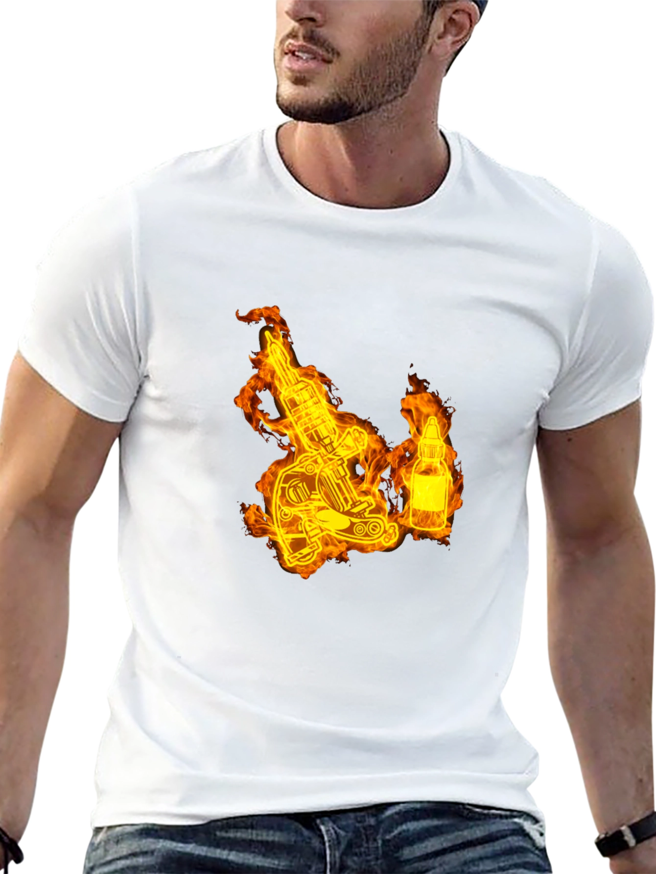 Flaming Tattoo Machine Graphic Tee - Black Cotton T-Shirt