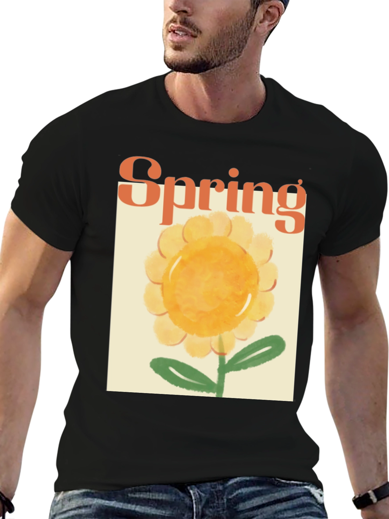 Spring Flower Graphic Tee - Black Cotton T-Shirt