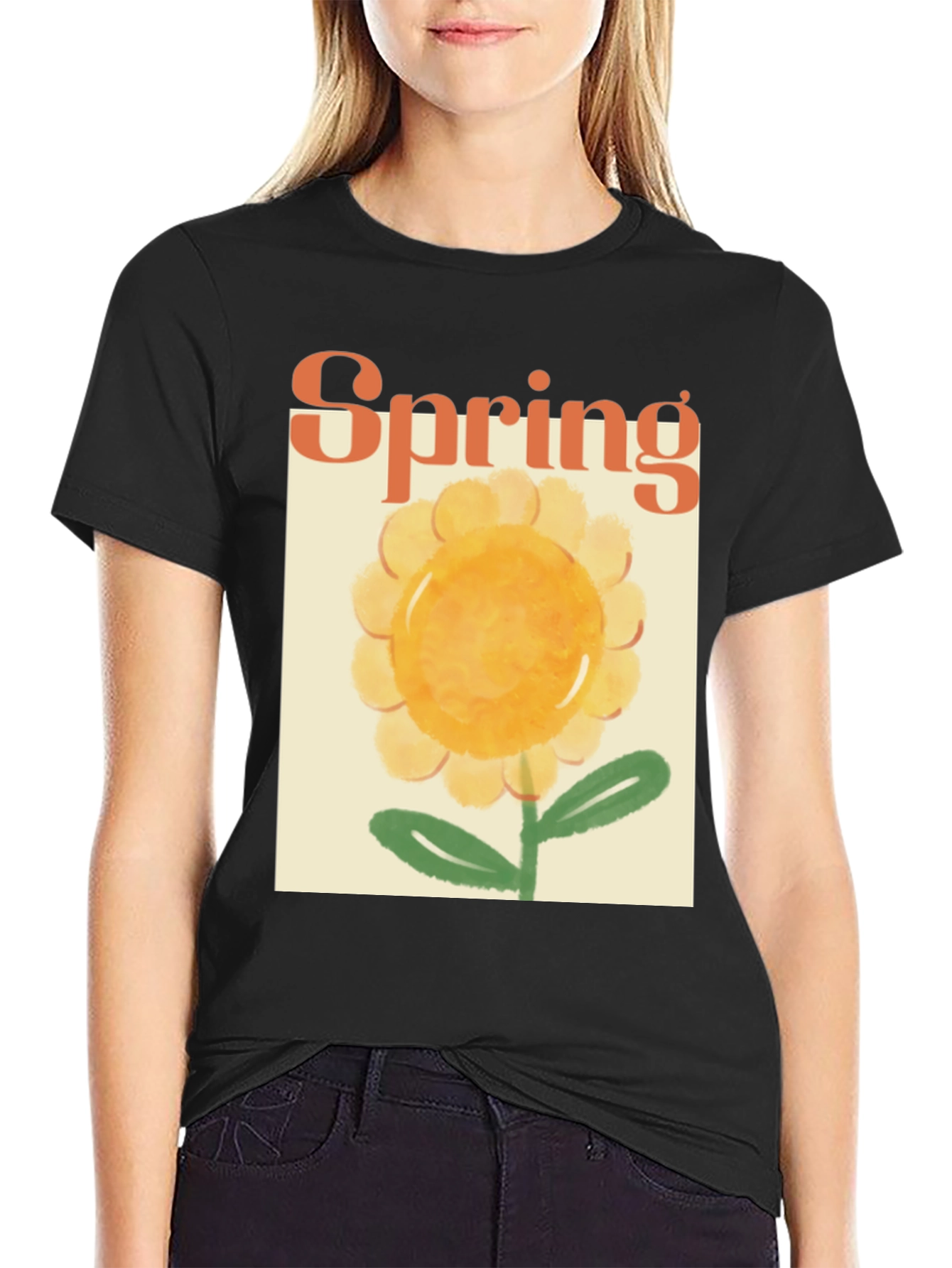 Spring Flower Graphic Tee - Black Cotton T-Shirt