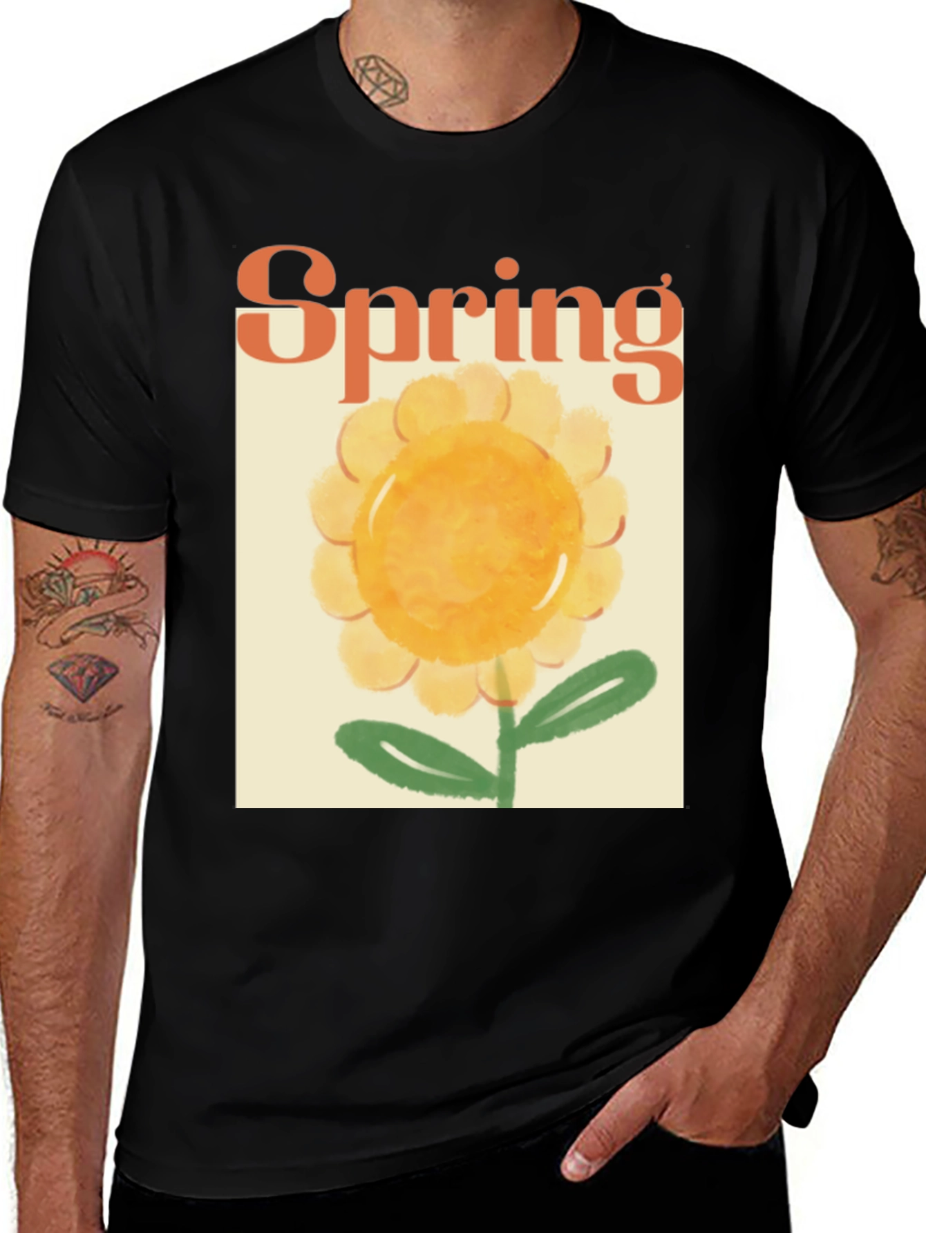 Spring Flower Graphic Tee - Black Cotton T-Shirt