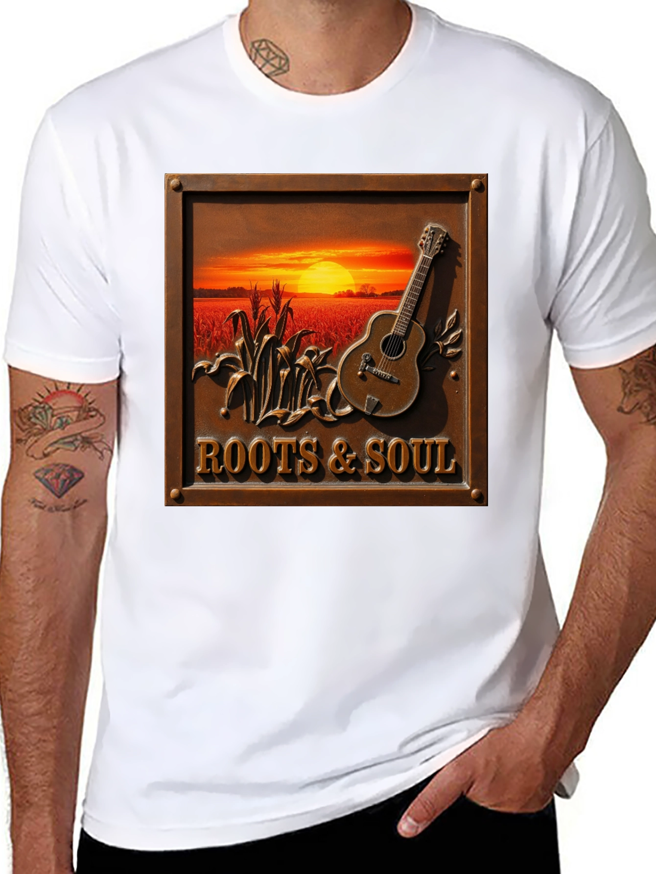 Roots & Soul Graphic Tee - Sunset Guitar Design