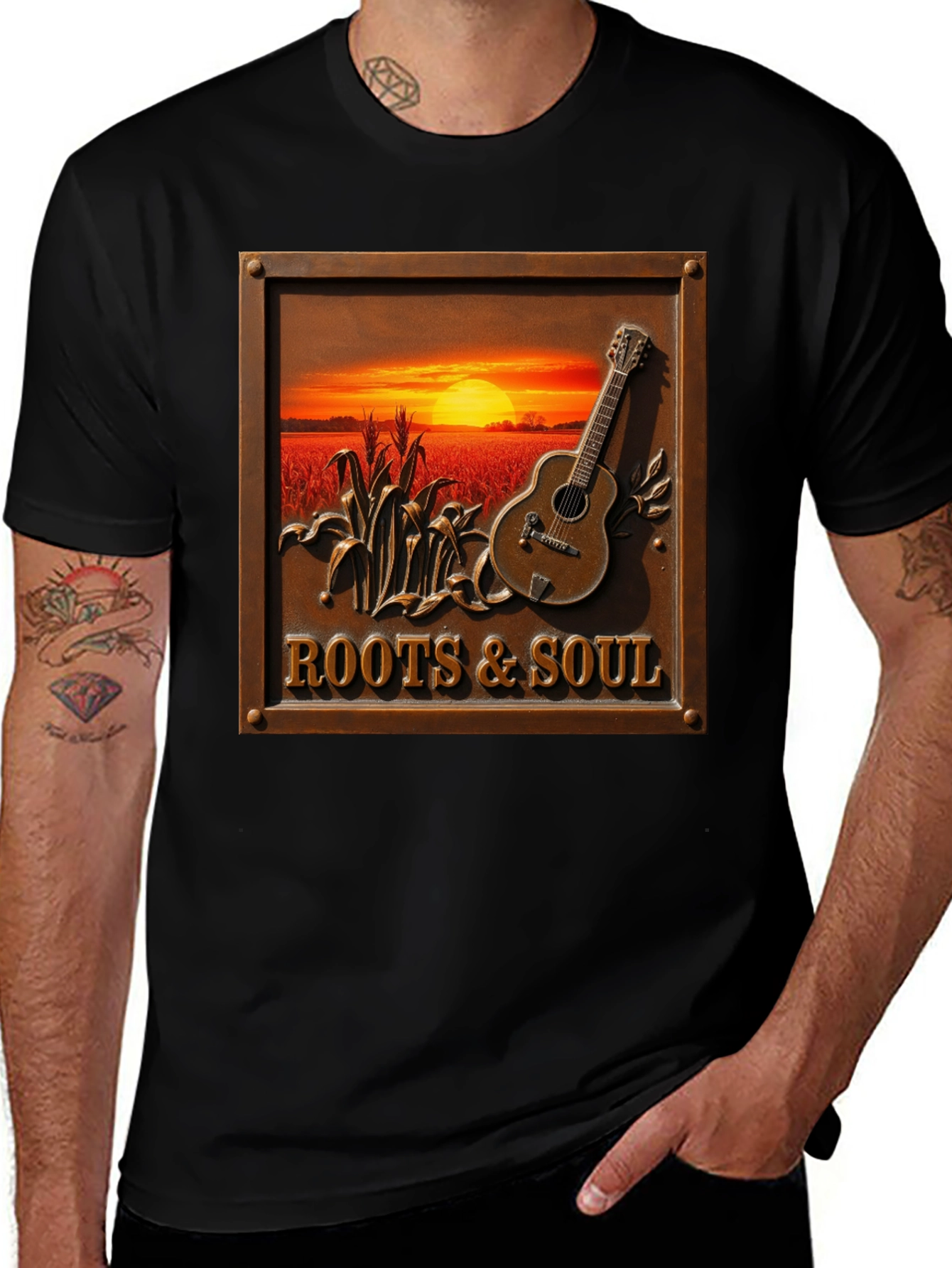 Roots & Soul Graphic Tee - Sunset Guitar Design