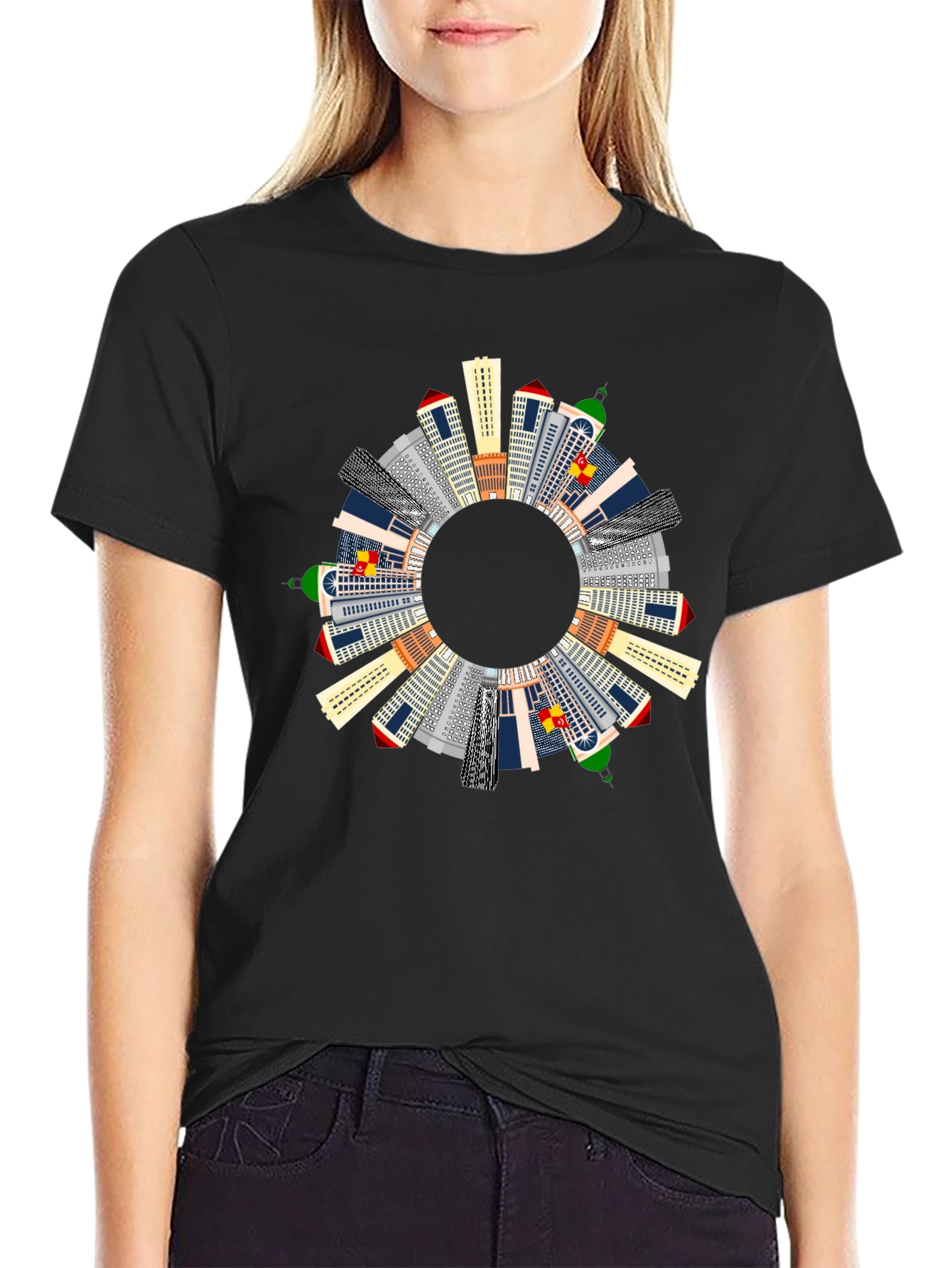 Cityscape Circle Graphic T-Shirt - Black