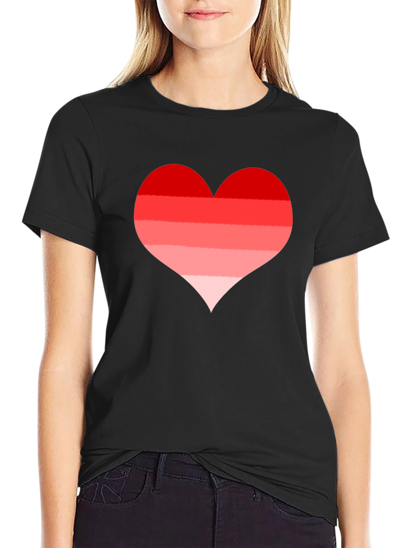 Red Striped Heart Tee - Casual Black T-Shirt