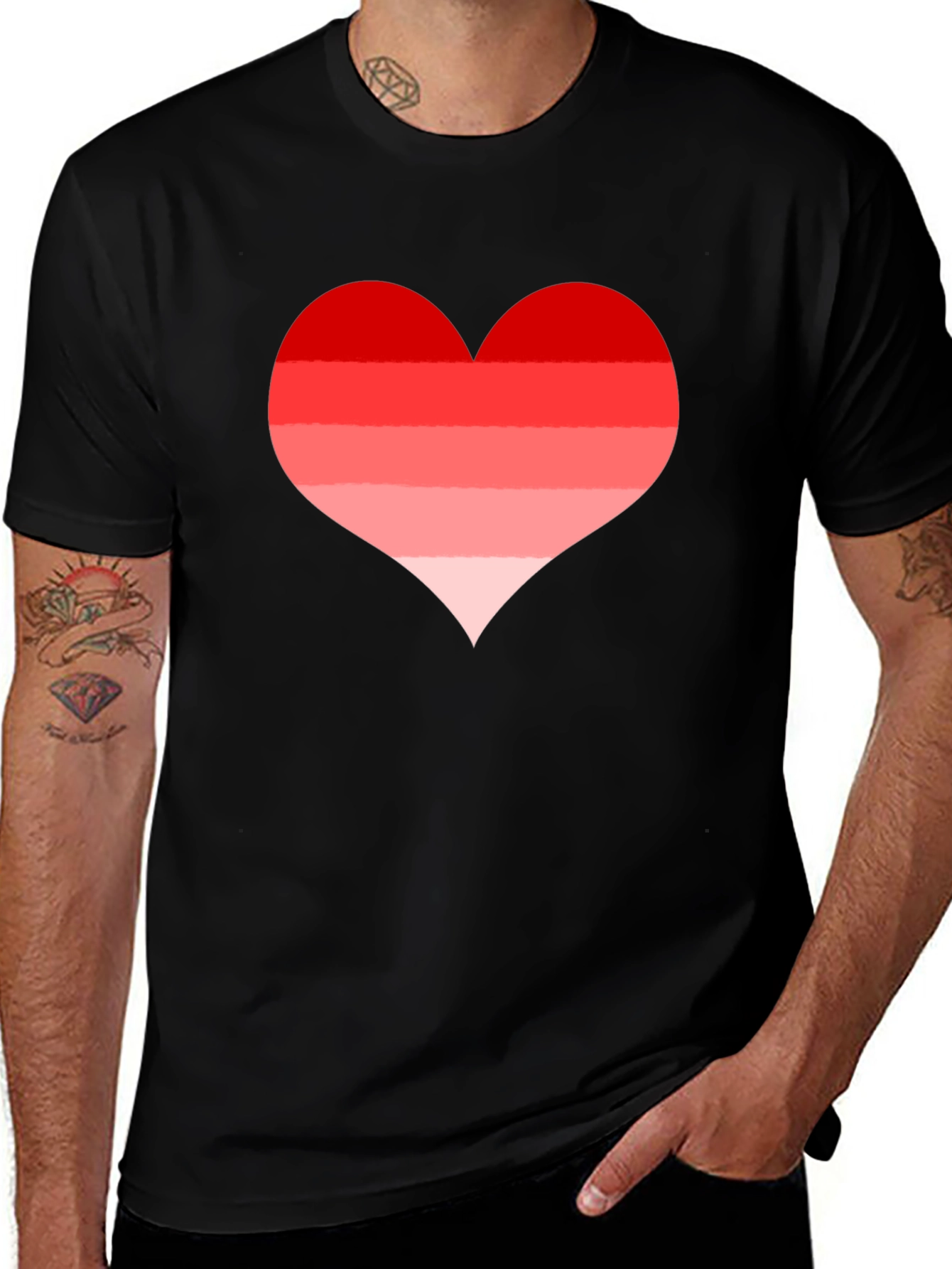 Red Striped Heart Tee - Casual Black T-Shirt