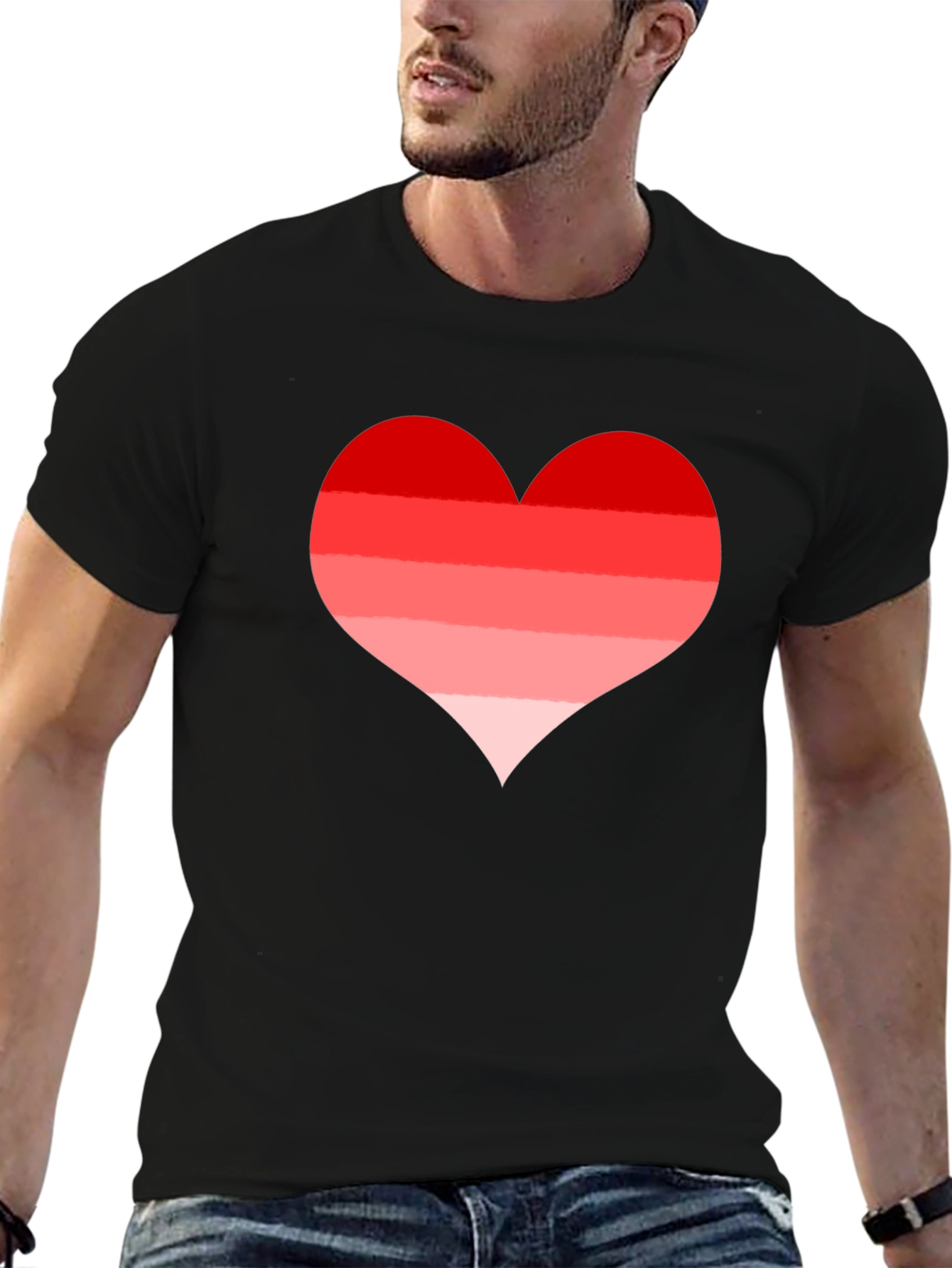Red Striped Heart Tee - Casual Black T-Shirt