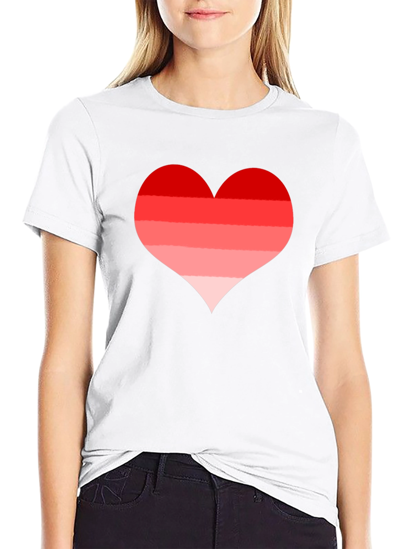 Red Striped Heart Tee - Casual Black T-Shirt