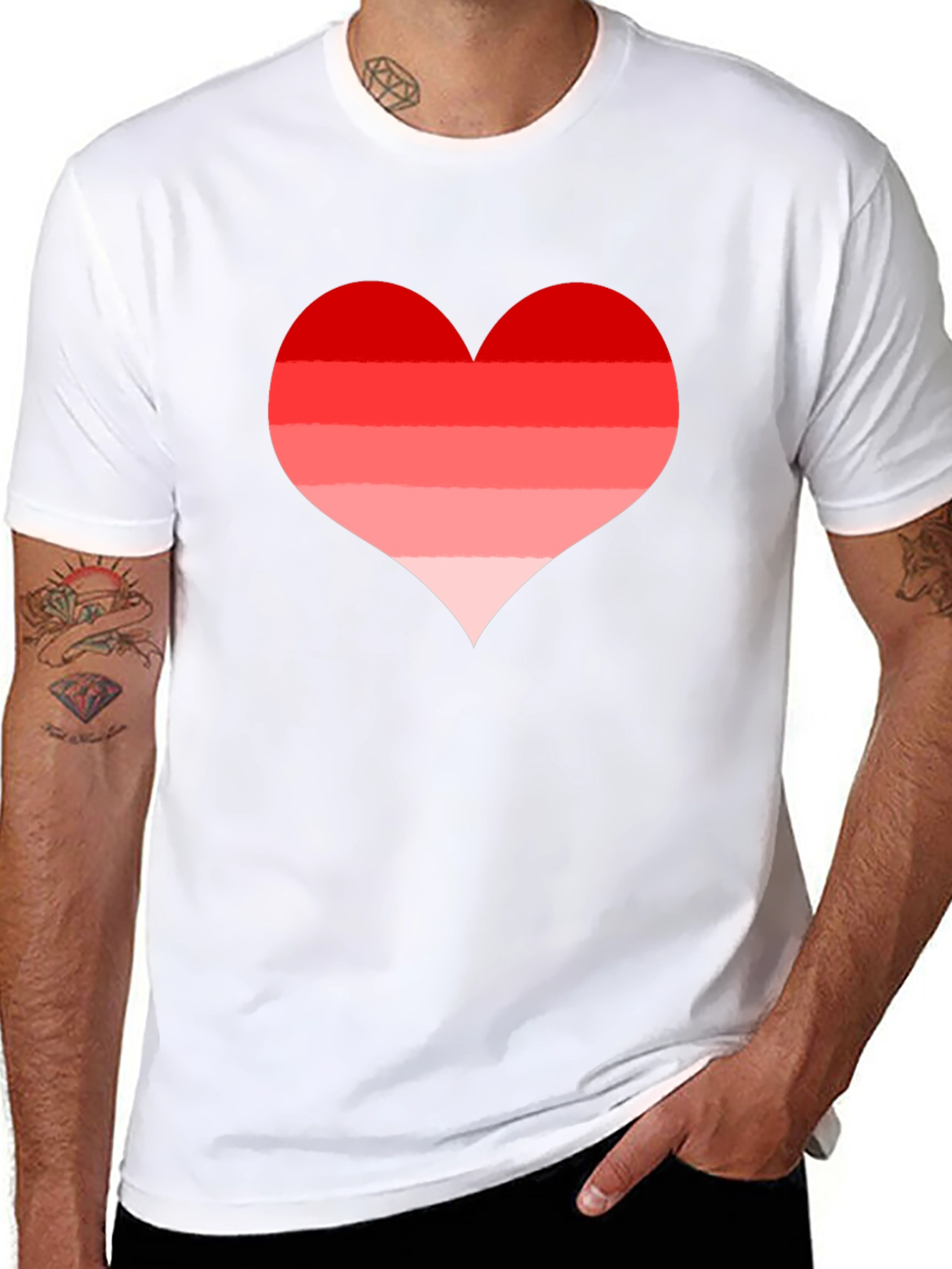 Red Striped Heart Tee - Casual Black T-Shirt