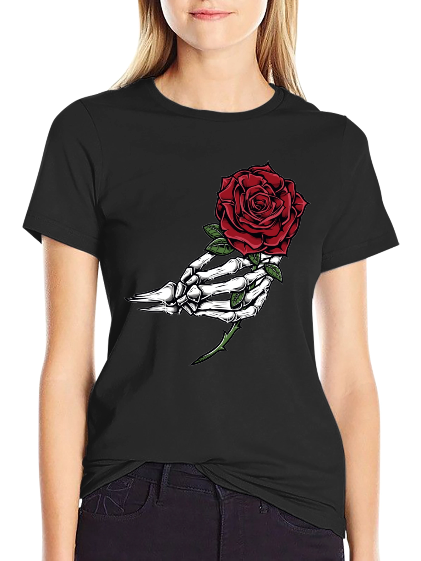 Skeleton Hand Rose Graphic T-Shirt