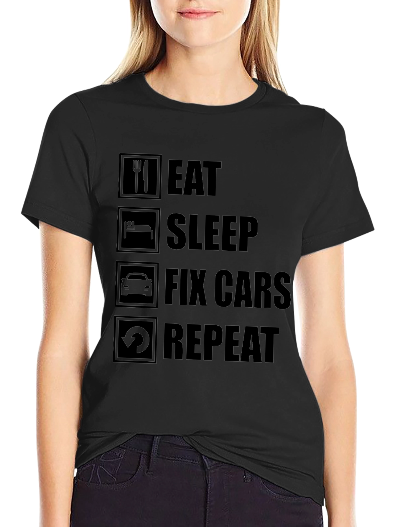 Eat Sleep Fix Cars Repeat Black T-Shirt