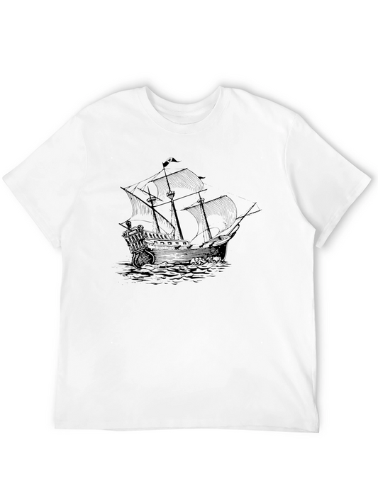 Vintage Ship Graphic Tee - Black Crew Neck T-Shirt