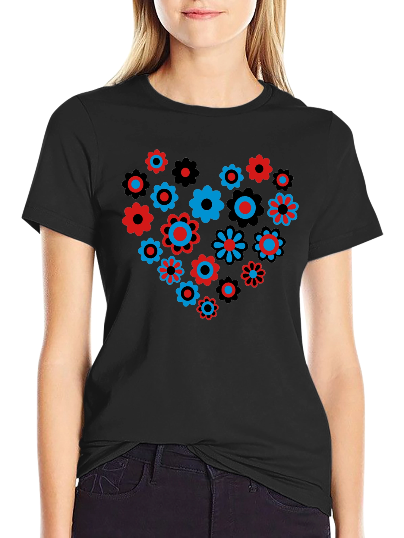 Floral Heart Graphic T-Shirt - Black