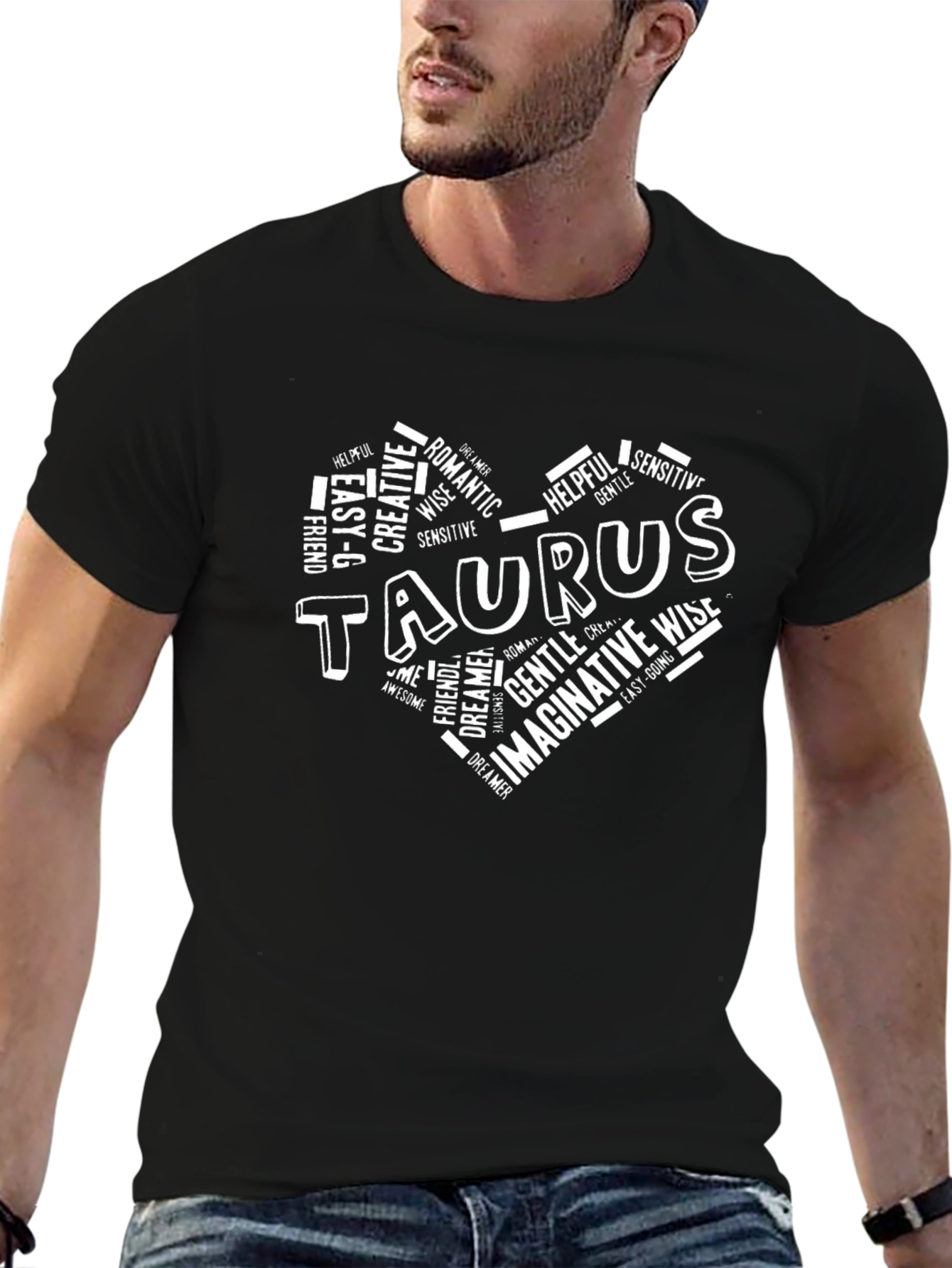 Taurus Zodiac Sign Heart Word Art Black T-Shirt