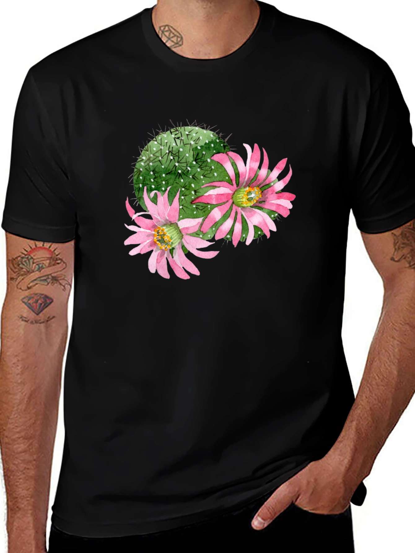 Cactus Flower Graphic Tee - Black Cotton T-Shirt