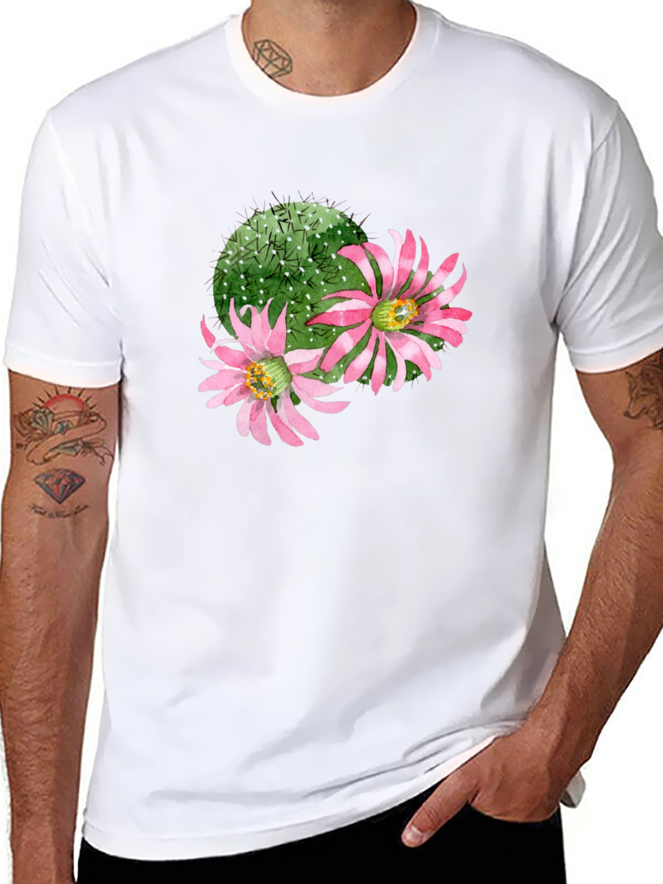 Cactus Flower Graphic Tee - Black Cotton T-Shirt