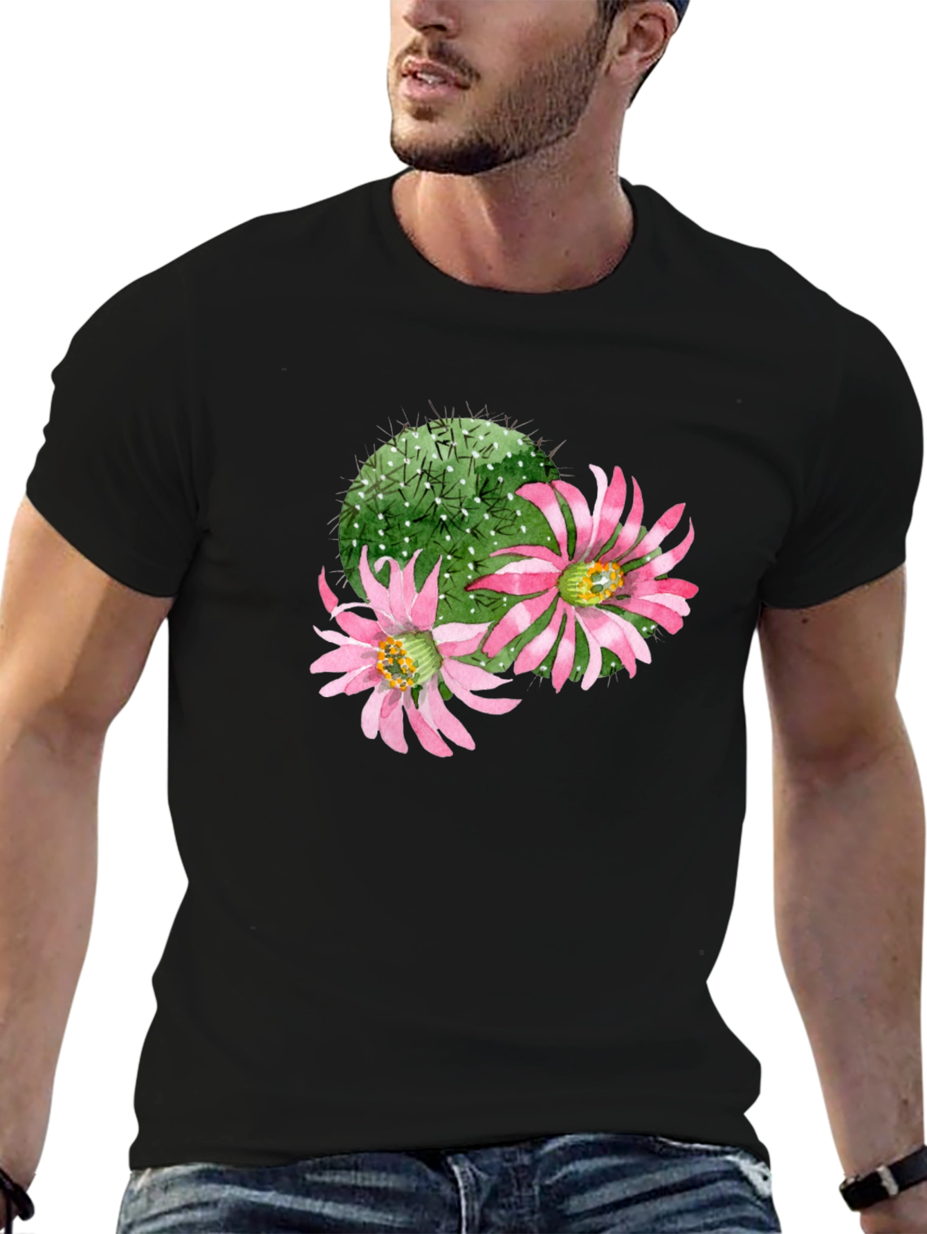 Cactus Flower Graphic Tee - Black Cotton T-Shirt
