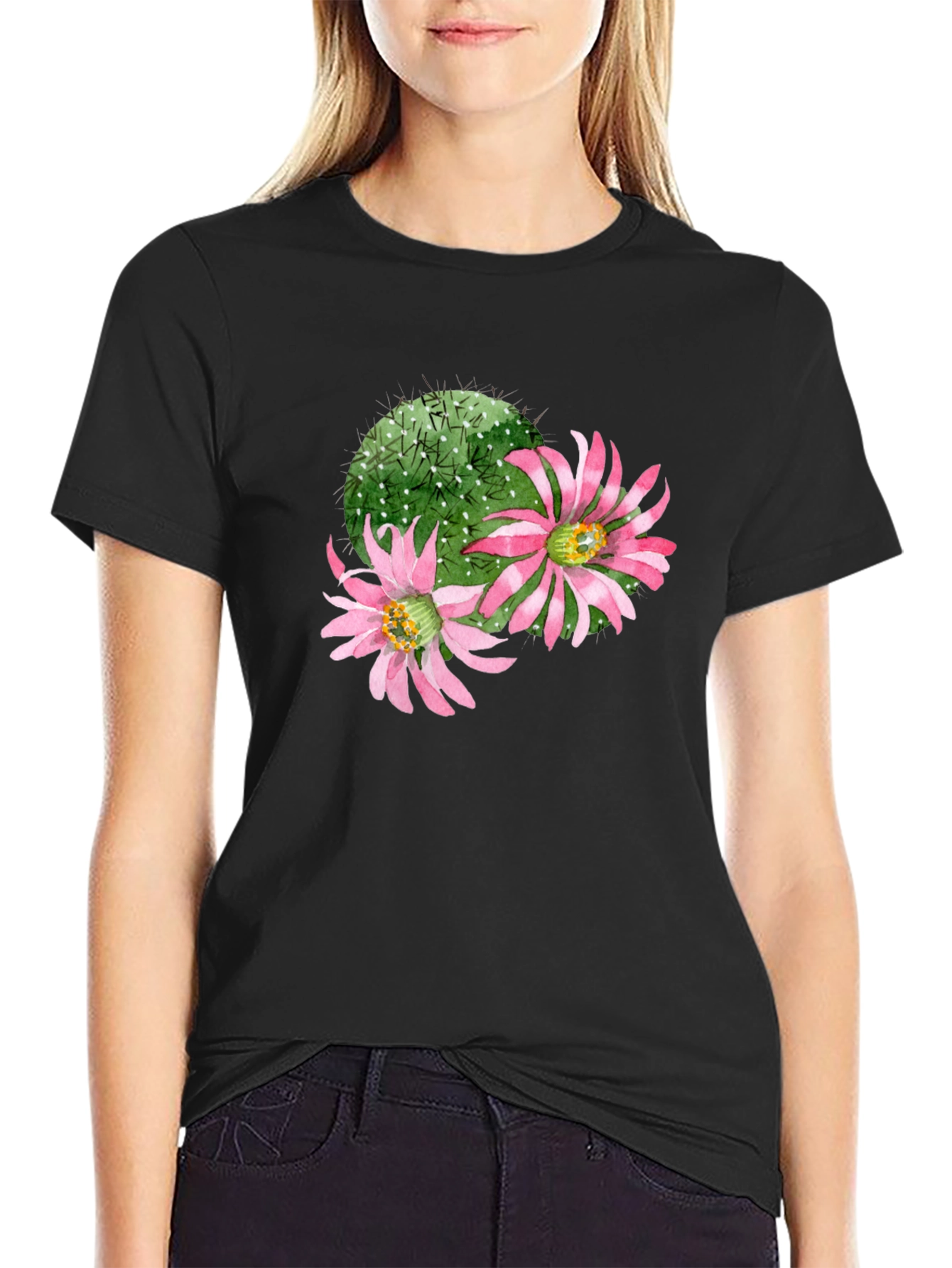 Cactus Flower Graphic Tee - Black Cotton T-Shirt