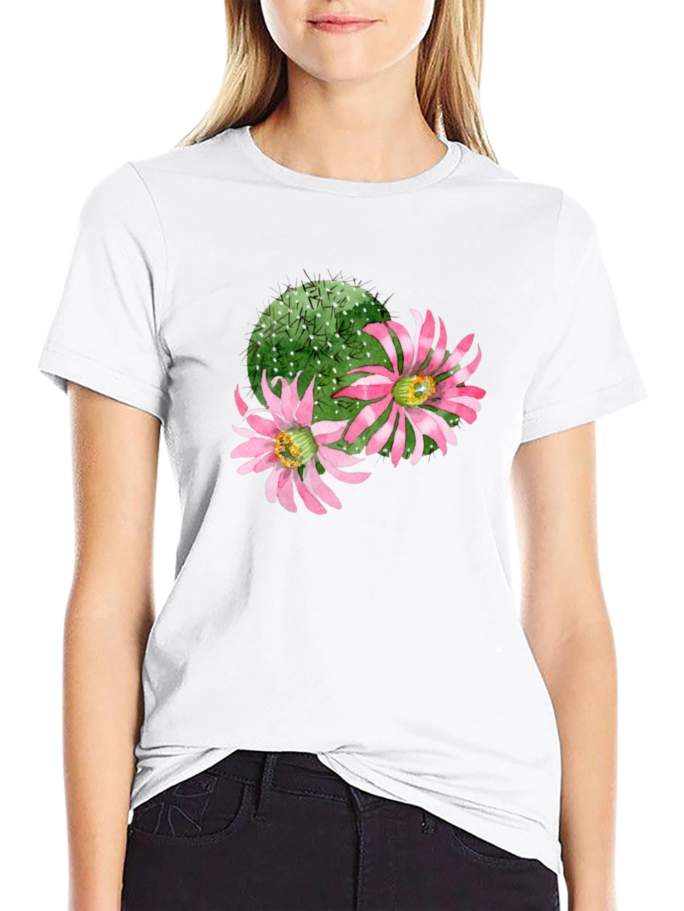 Cactus Flower Graphic Tee - Black Cotton T-Shirt