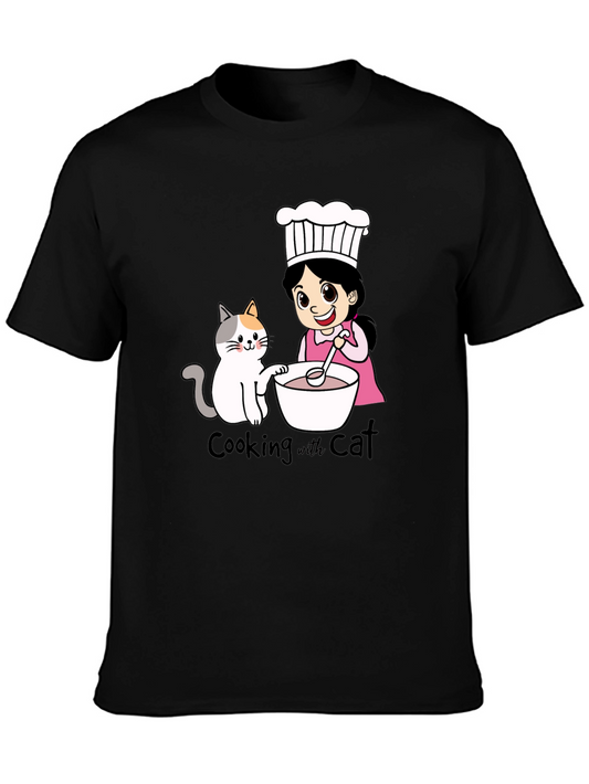 Cooking with Cat T-Shirt Cute Cartoon Design Tee