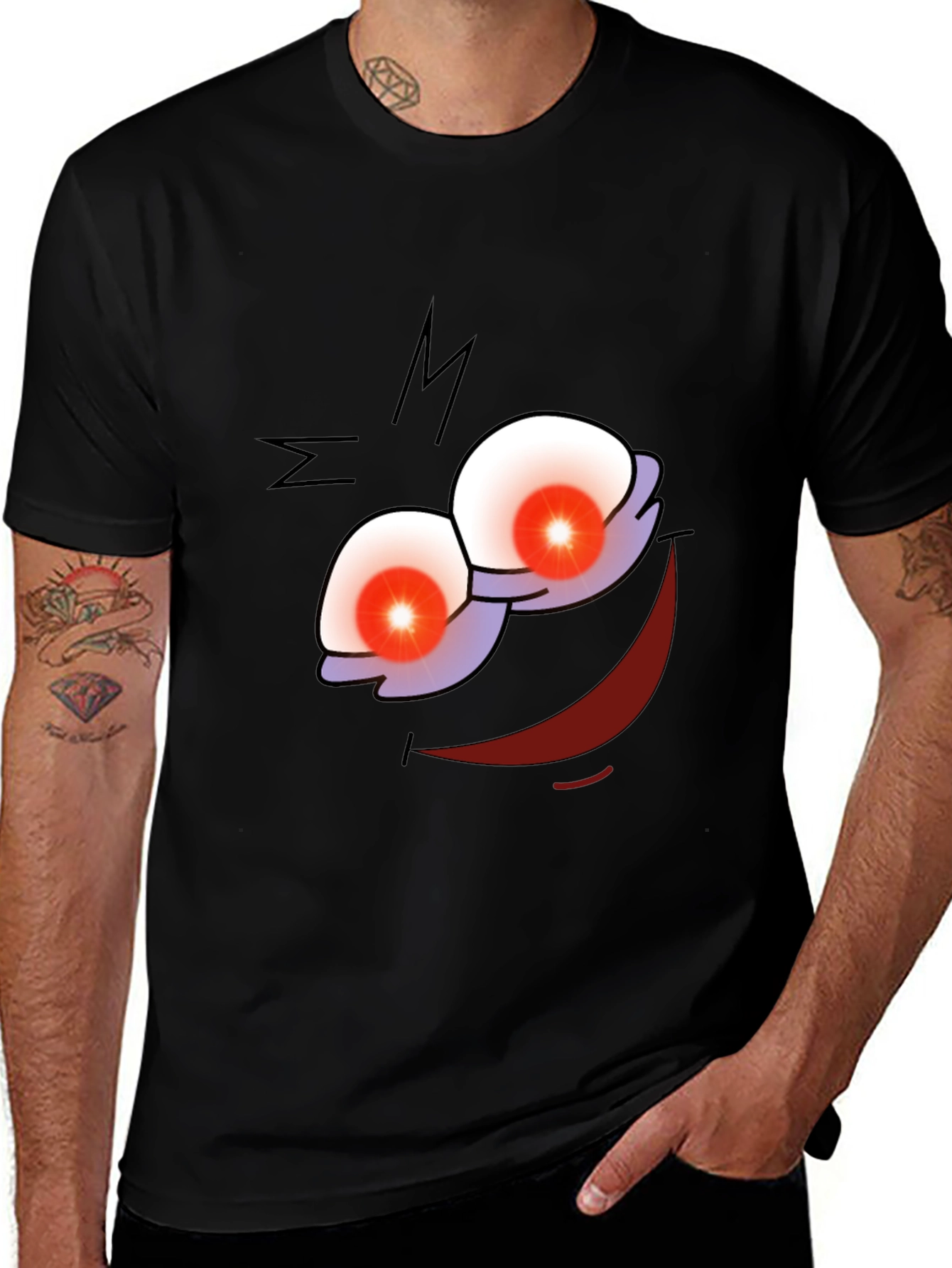 Mens Graphic Print Black T-Shirt - Cartoon Face