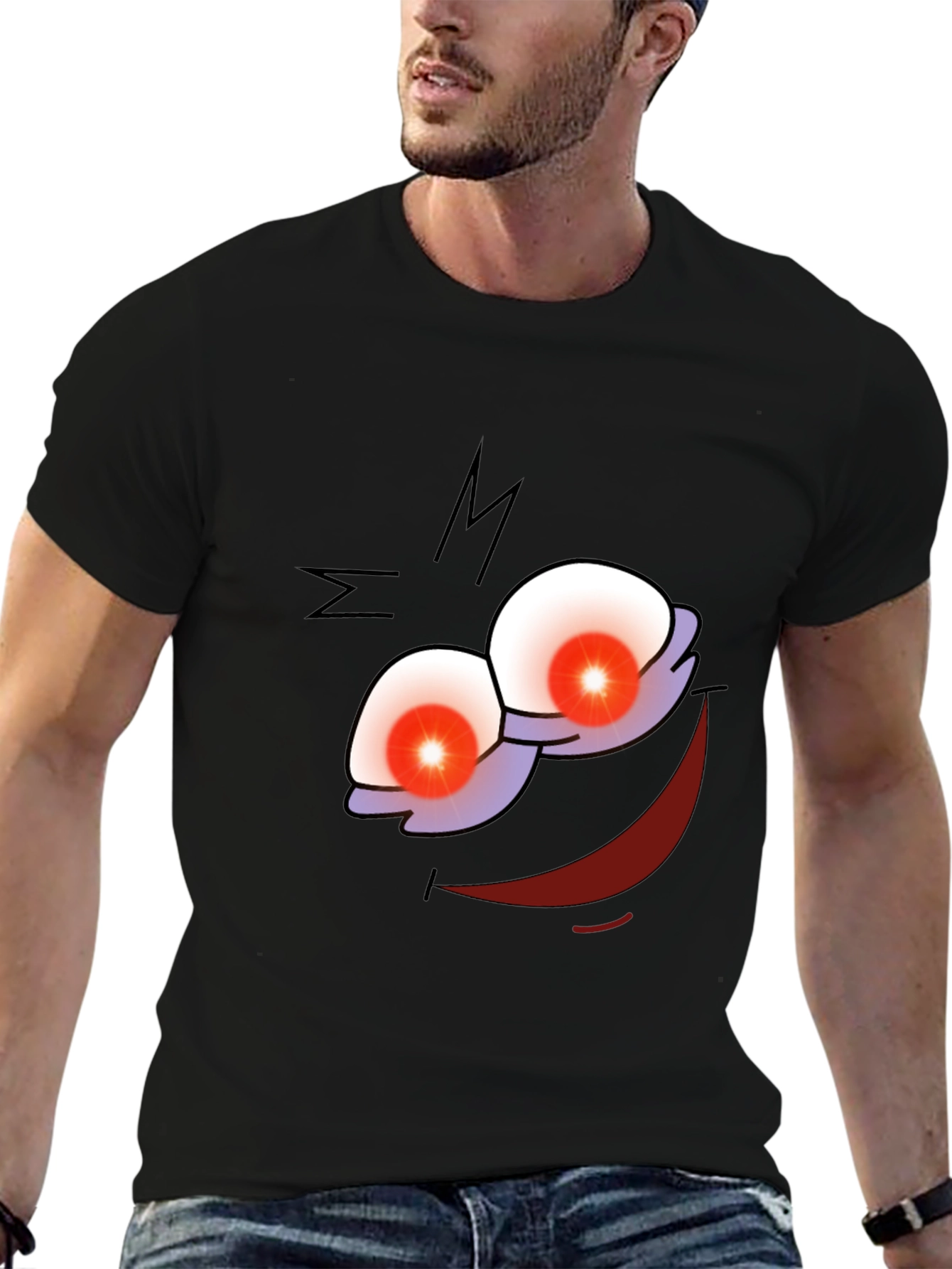 Mens Graphic Print Black T-Shirt - Cartoon Face