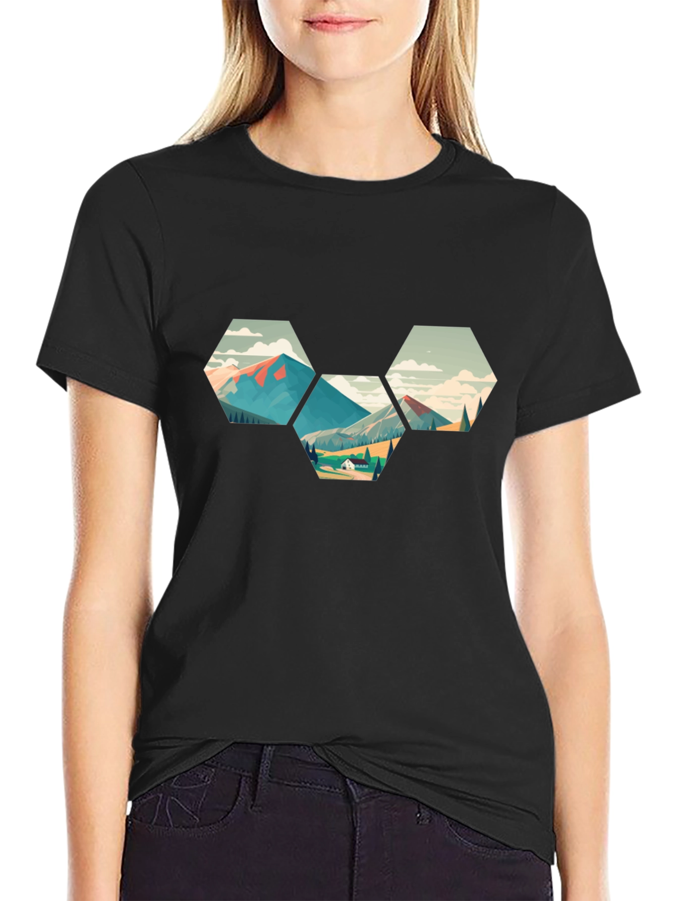 Geometric Mountainscape Graphic Tee - Black