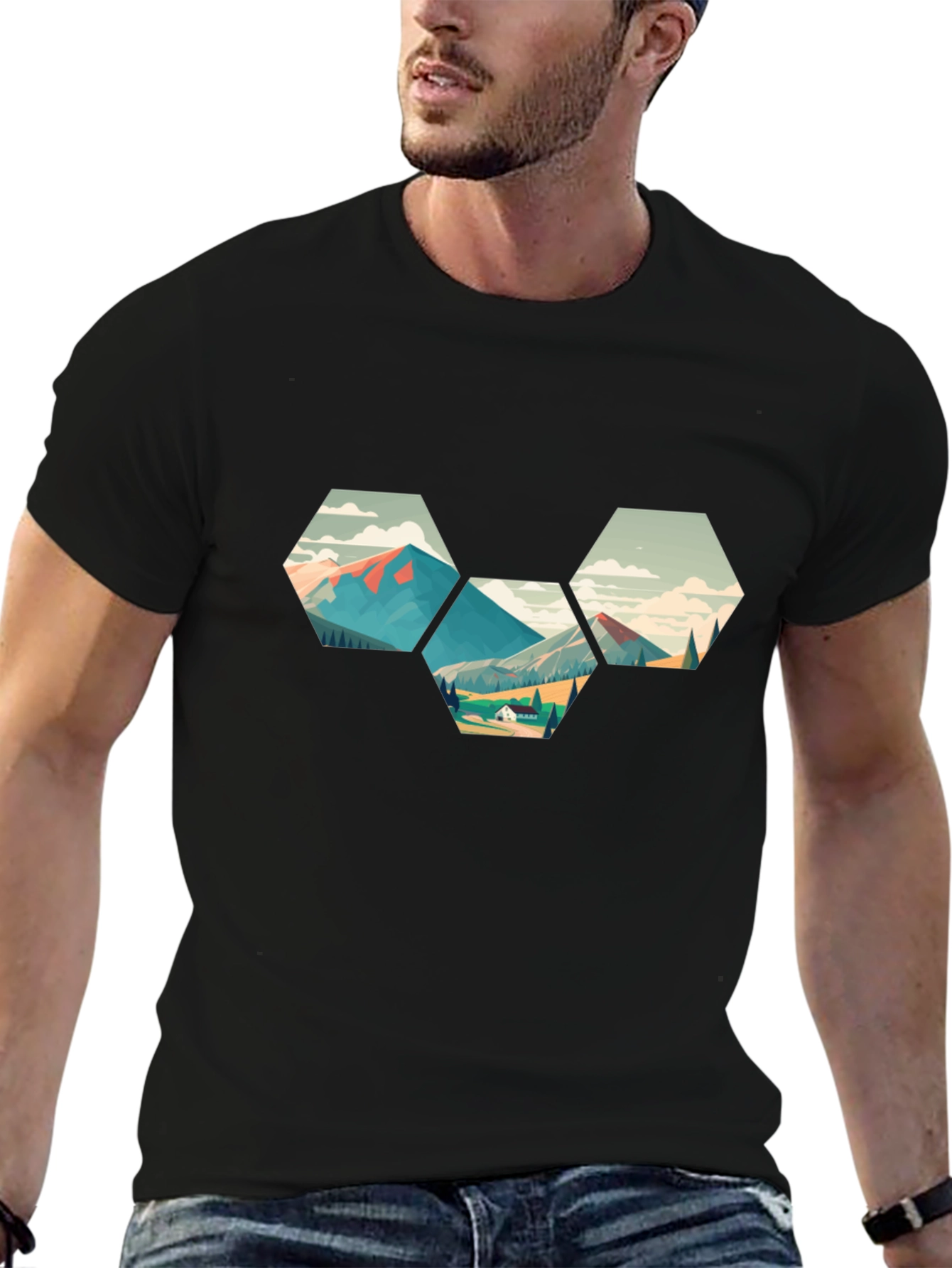 Geometric Mountainscape Graphic Tee - Black