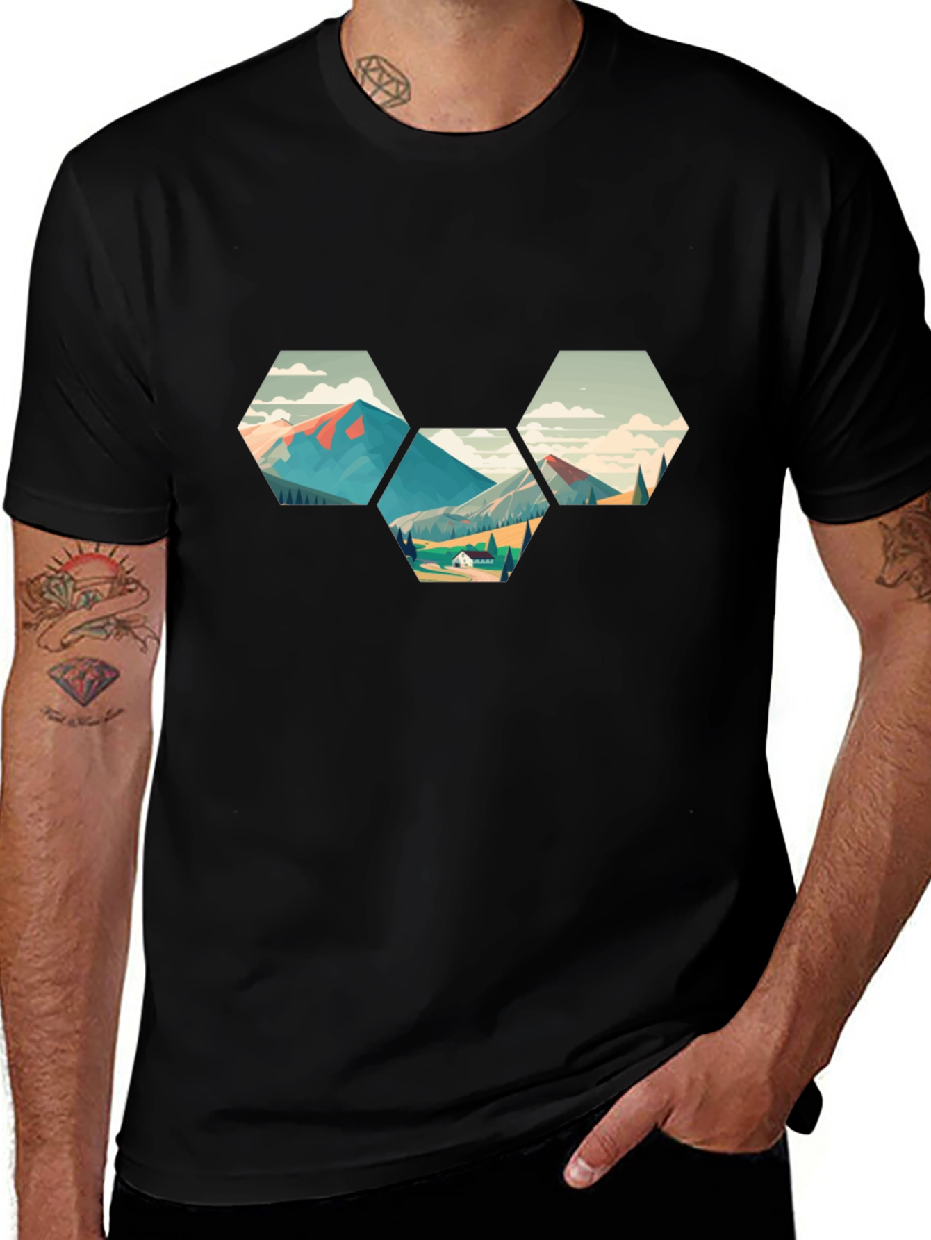 Geometric Mountainscape Graphic Tee - Black