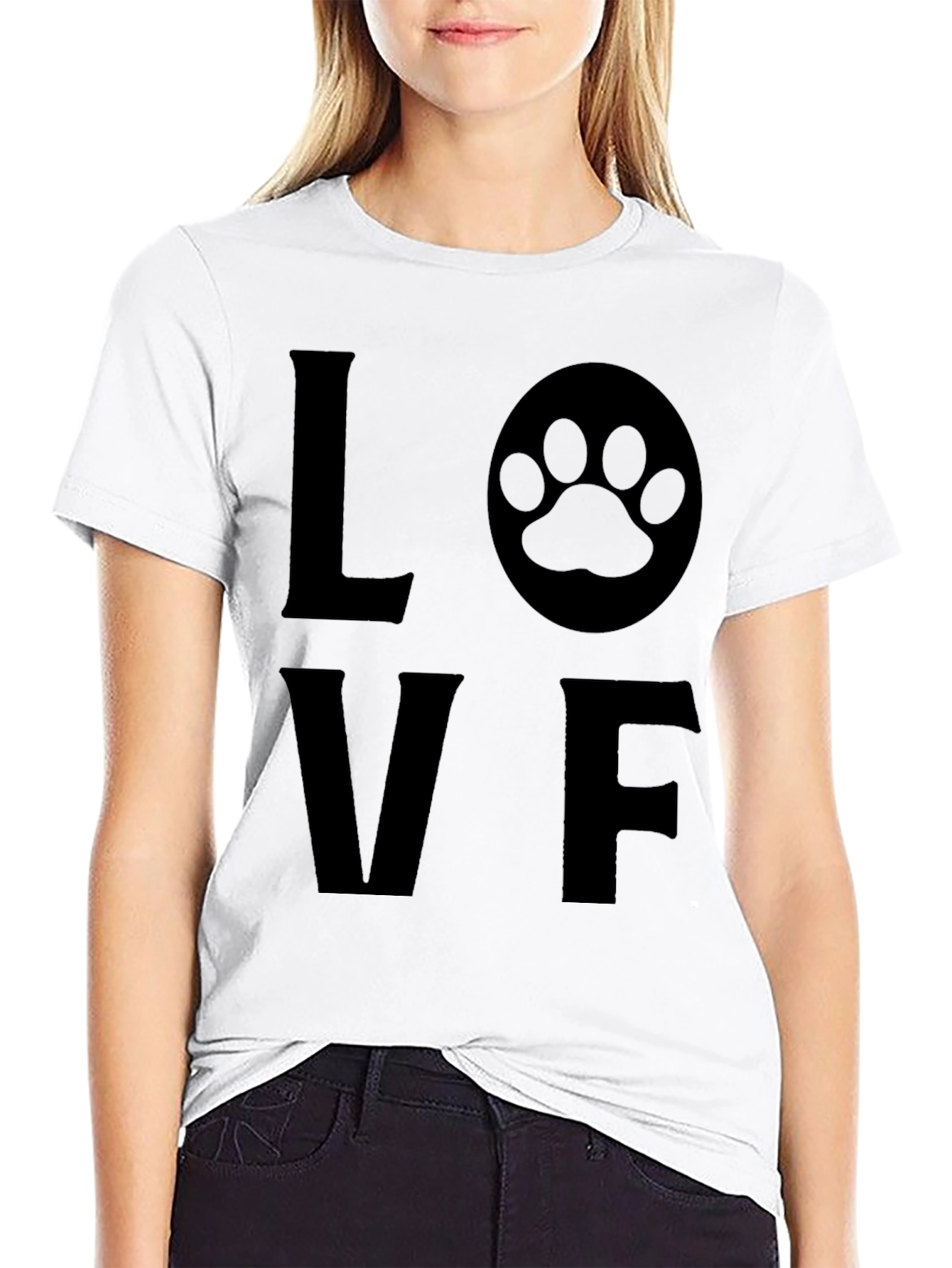 Love F T-Shirt with Paw Print Graphic