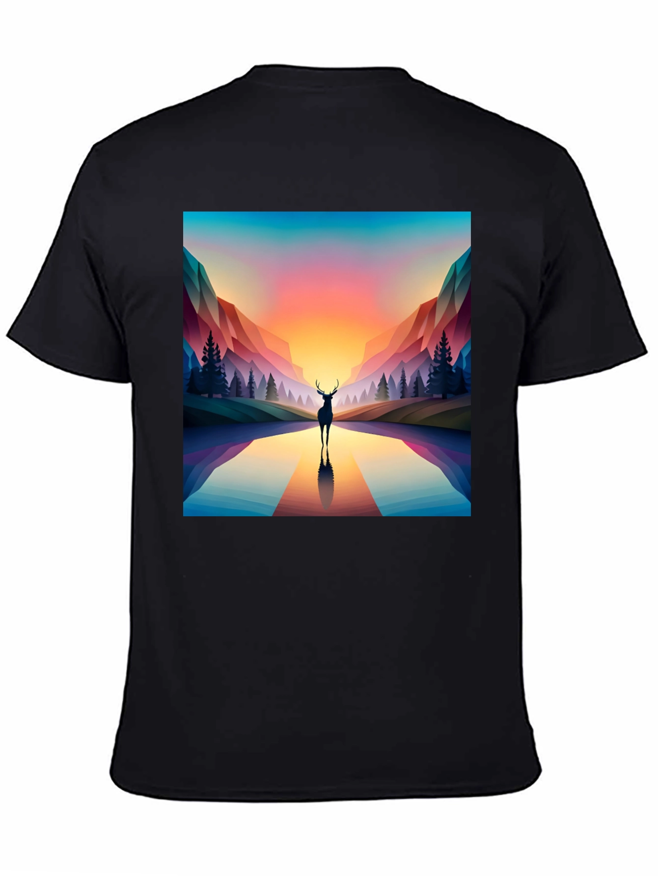 Deer Silhouette Geometric Graphic Tee - Black