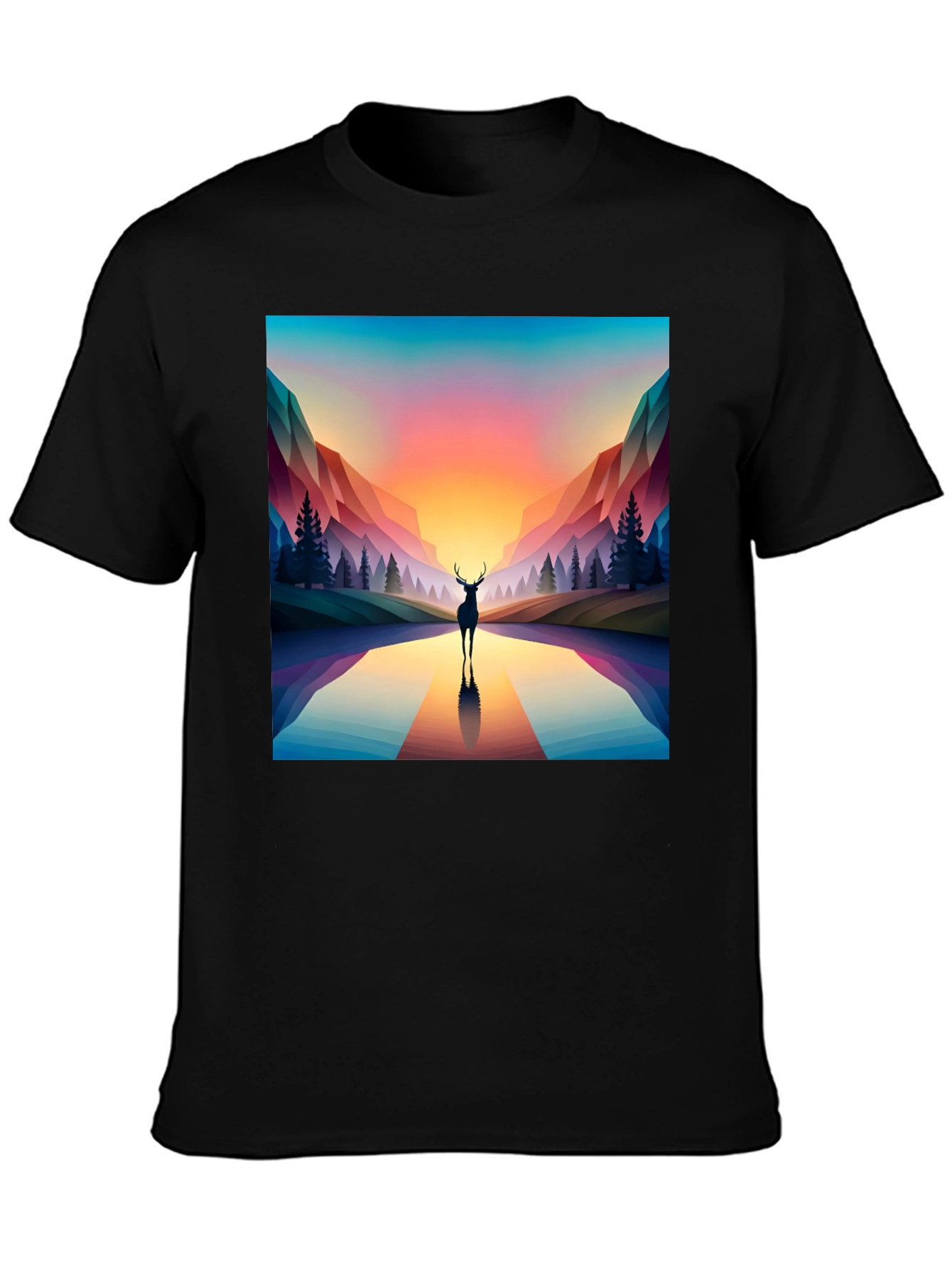 Deer Silhouette Geometric Graphic Tee - Black