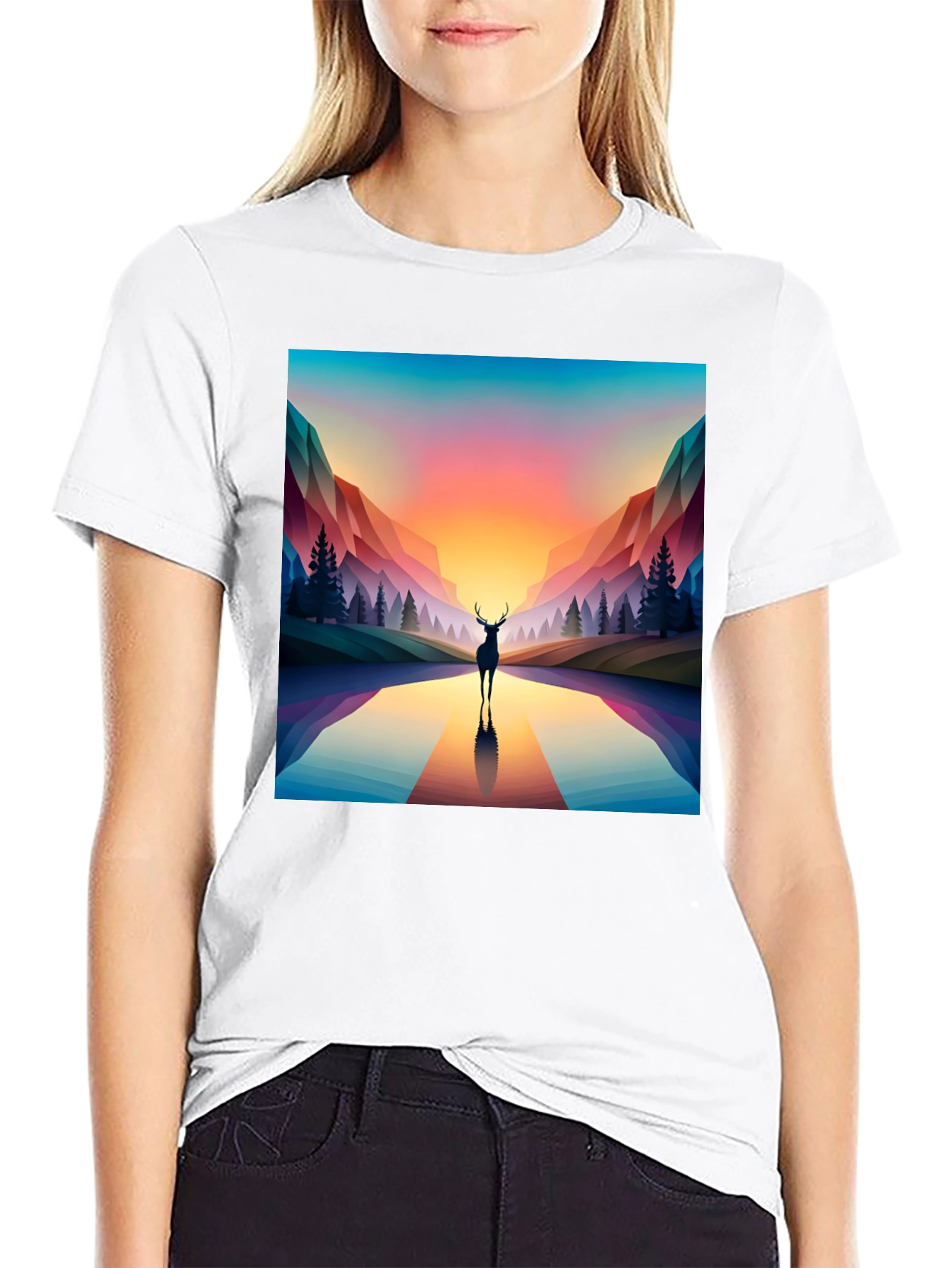 Deer Silhouette Geometric Graphic Tee - Black